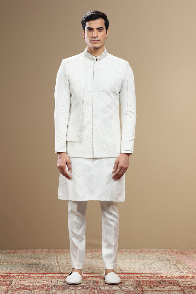Ivory silk embroidered  sherwani set with anarkali