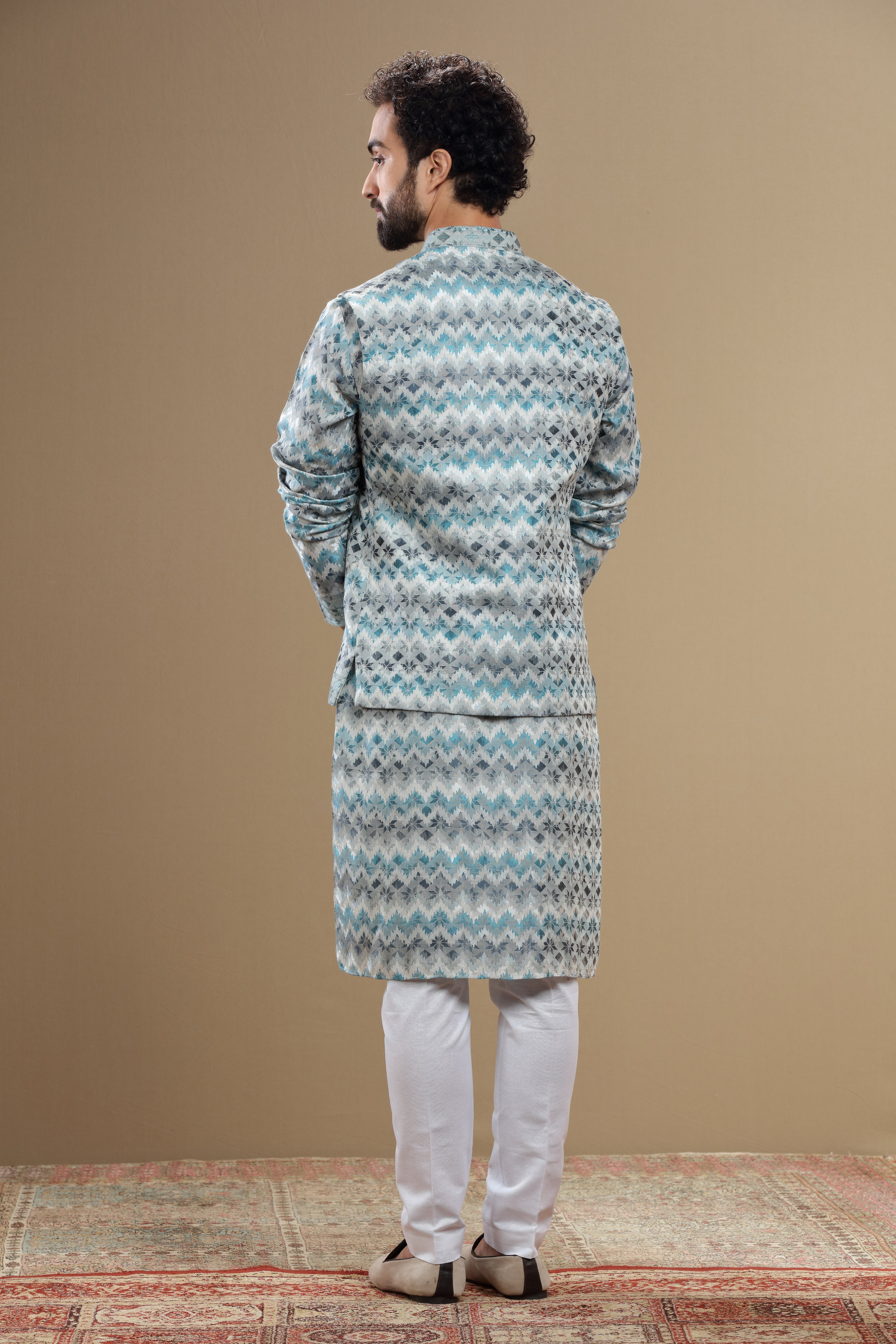 Beige Silk Dupatta Jacket Set With Geometric Threadwork - Shreeman