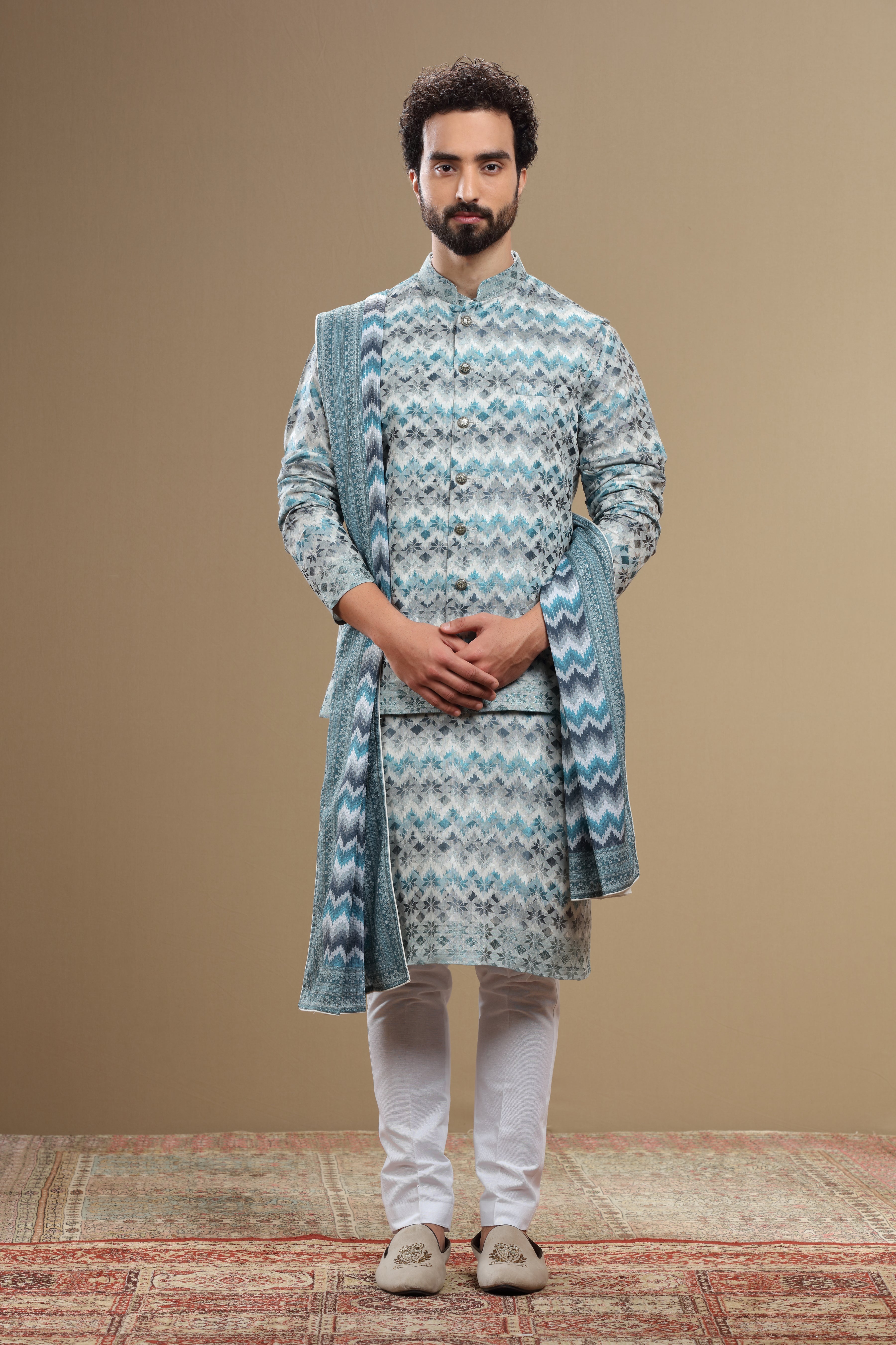Beige Silk Dupatta Jacket Set With Geometric Threadwork - Shreeman