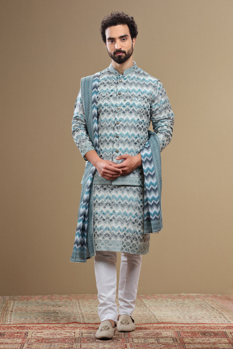 Beige Silk Dupatta Jacket Set With Geometric Threadwork