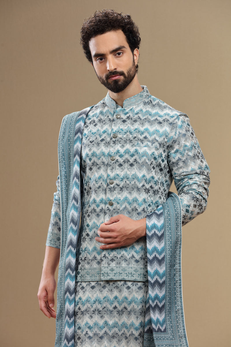Beige Silk Dupatta Jacket Set With Geometric Threadwork