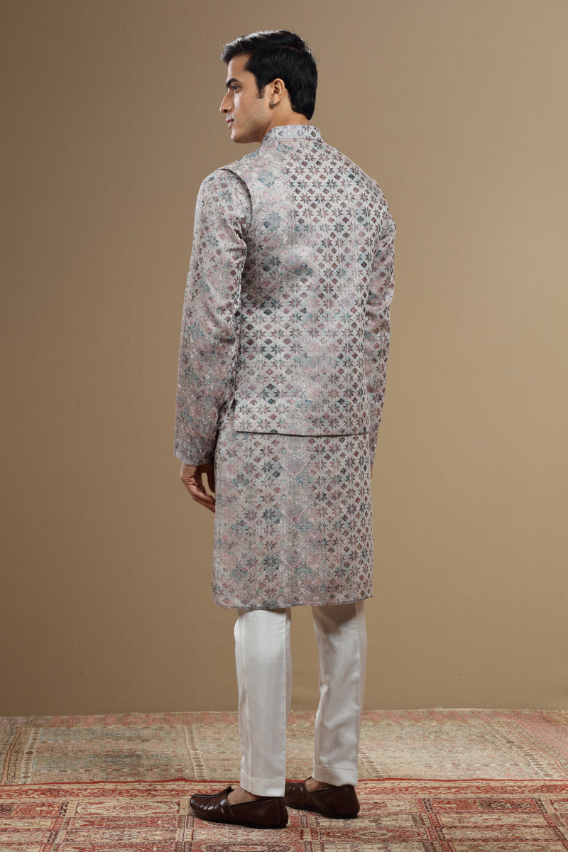 Grey Silk Dupatta Jacket Set With Geometric Motifs