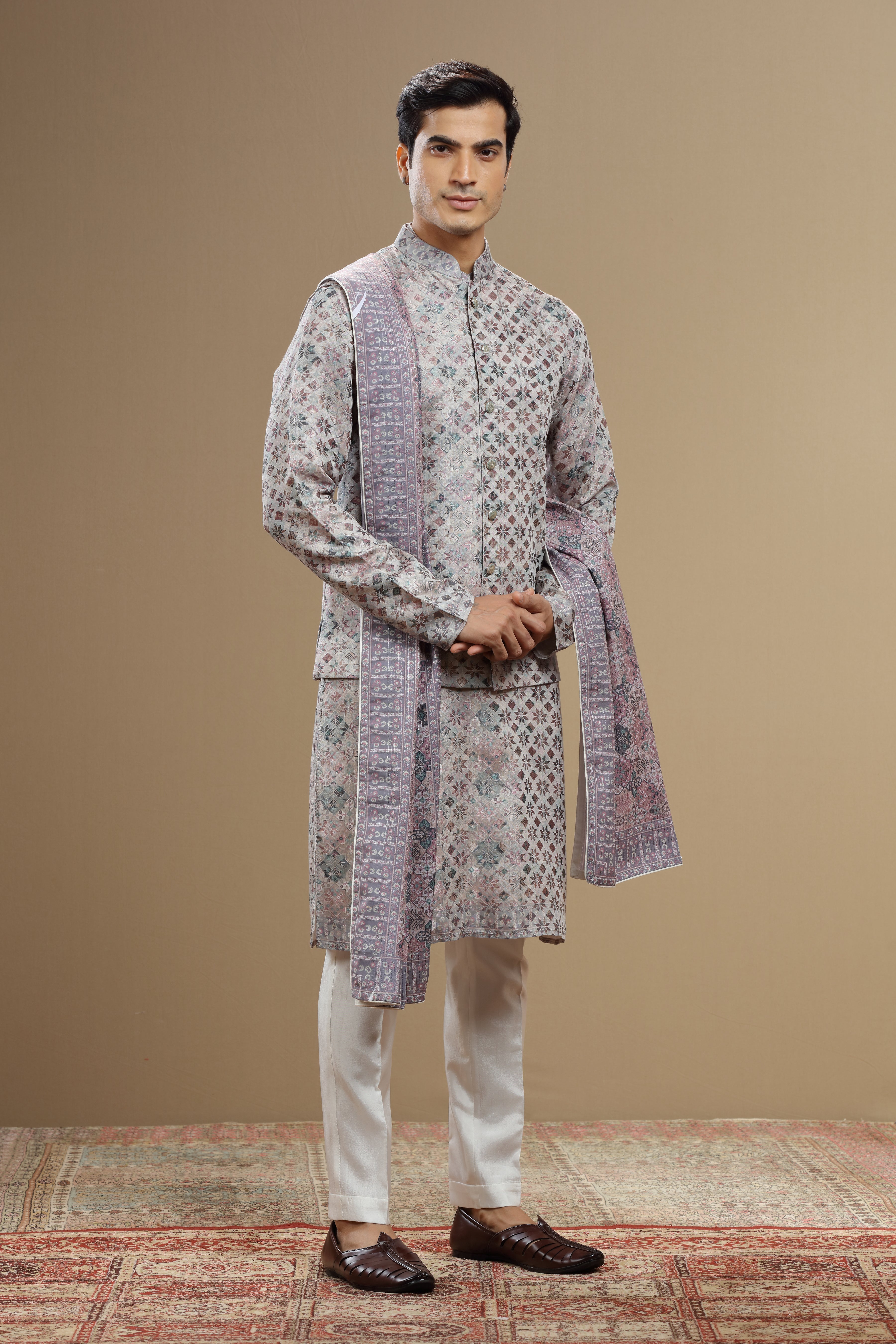 Grey Silk Dupatta Jacket Set With Geometric Motifs - Shreeman