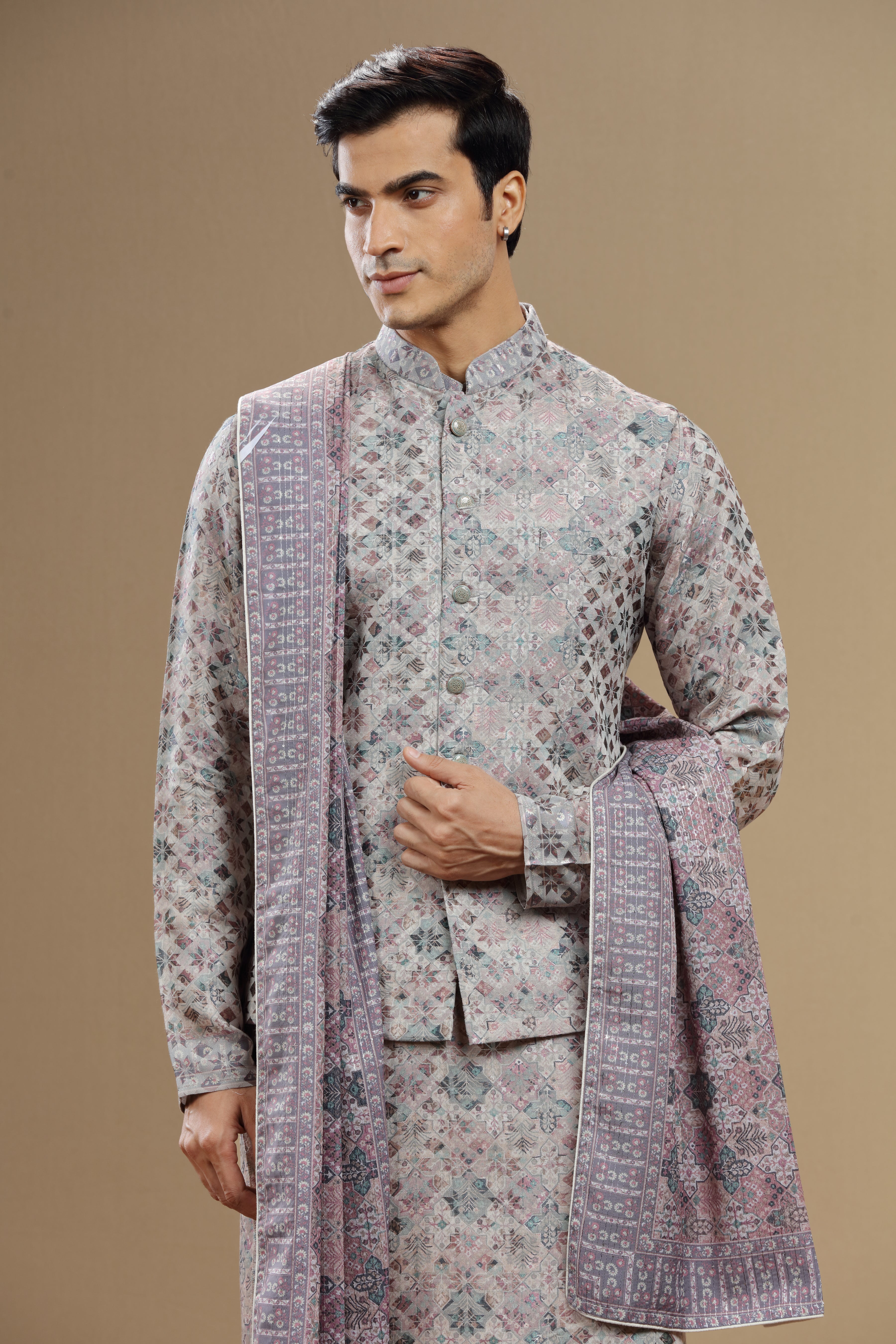 Grey Silk Dupatta Jacket Set With Geometric Motifs - Shreeman