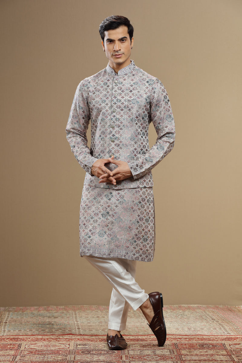 Grey Silk Dupatta Jacket Set With Geometric Motifs