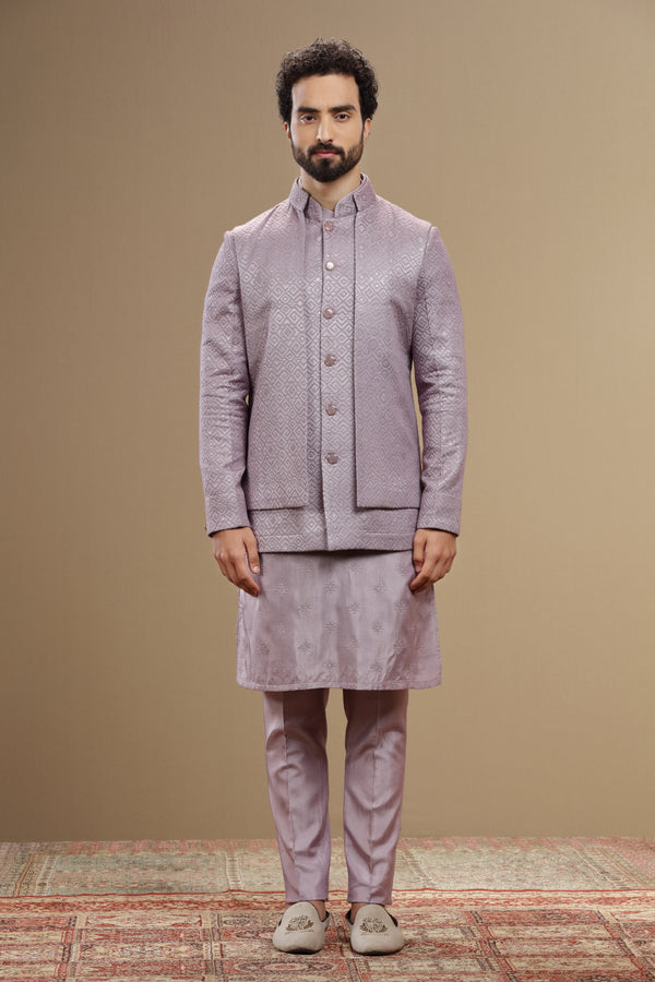 Lilac silk double layred embroidered  jacket set