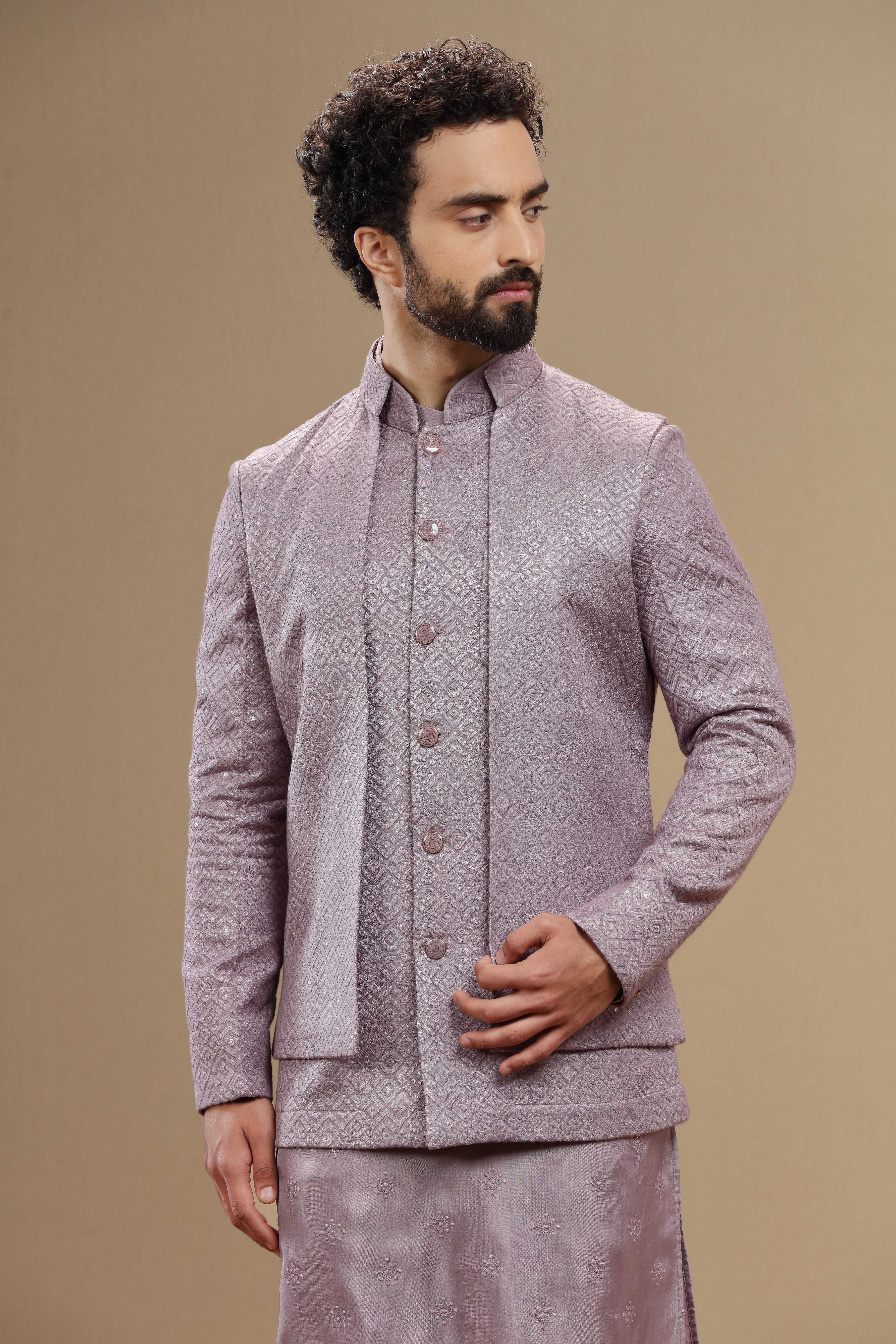 Lilac silk double layred embroidered  jacket set - Shreeman