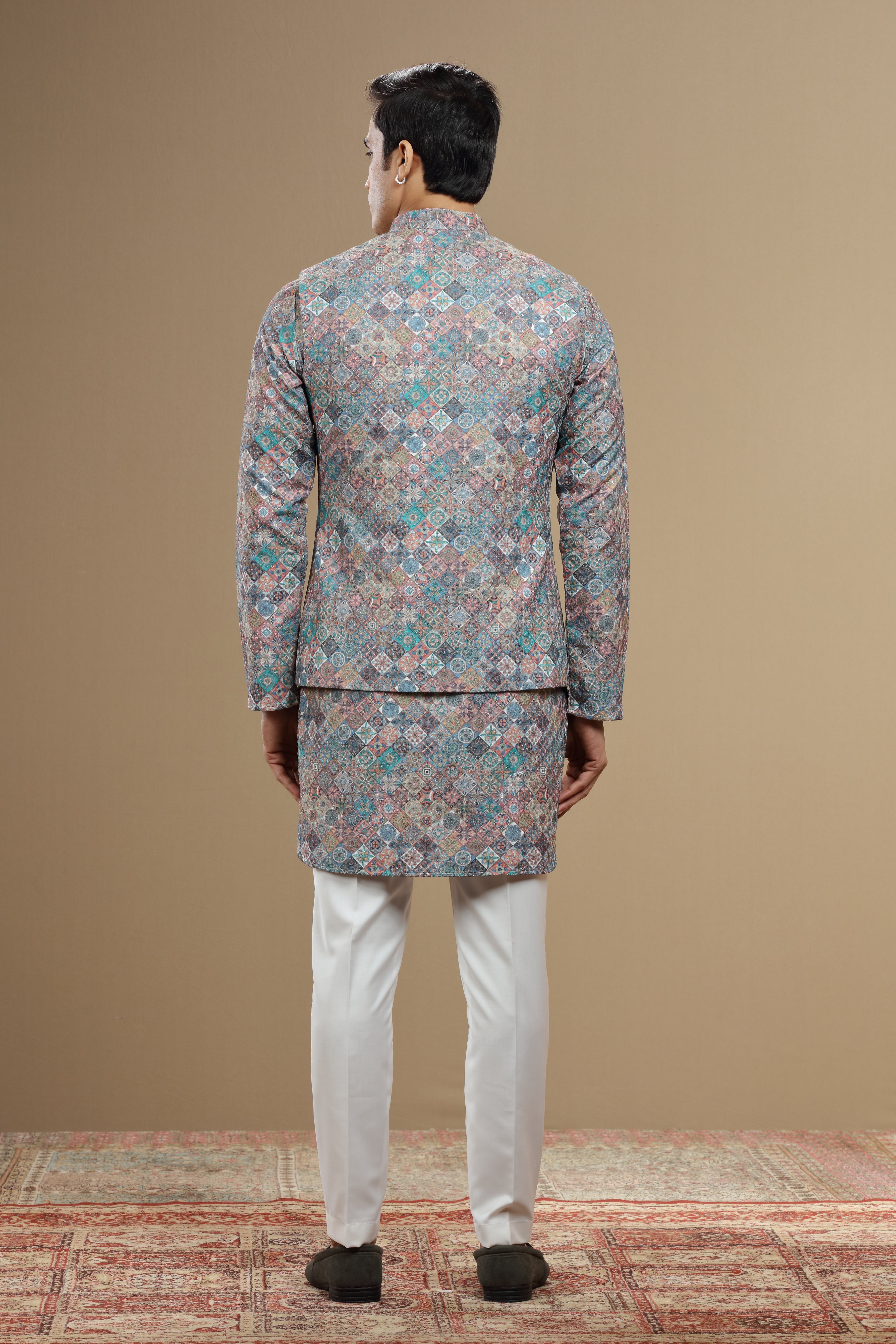 Multicolor Silk Jacket With Geometric Print Sequin Work - Shreeman