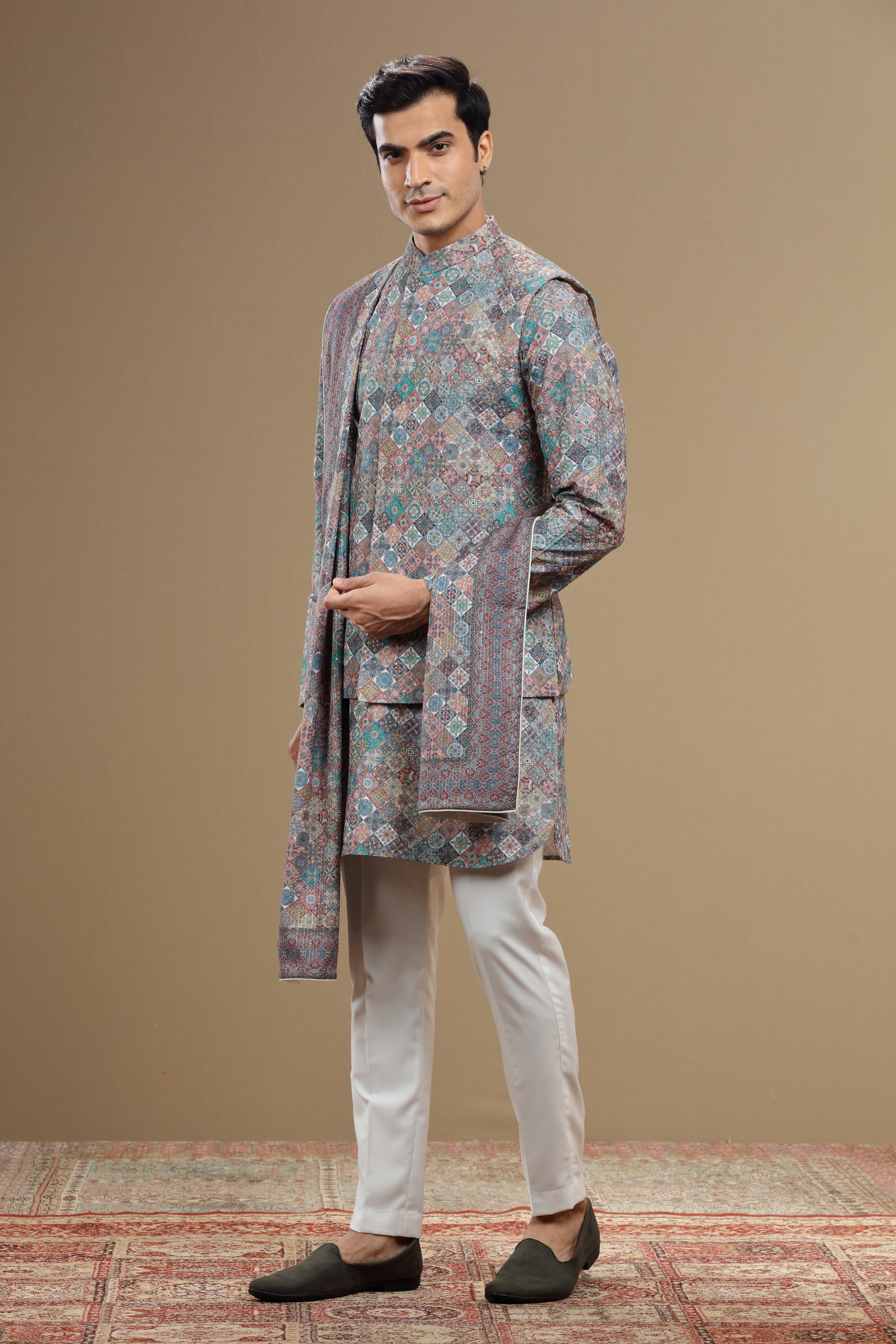 Multicolor Silk Jacket With Geometric Print Sequin Work - Shreeman