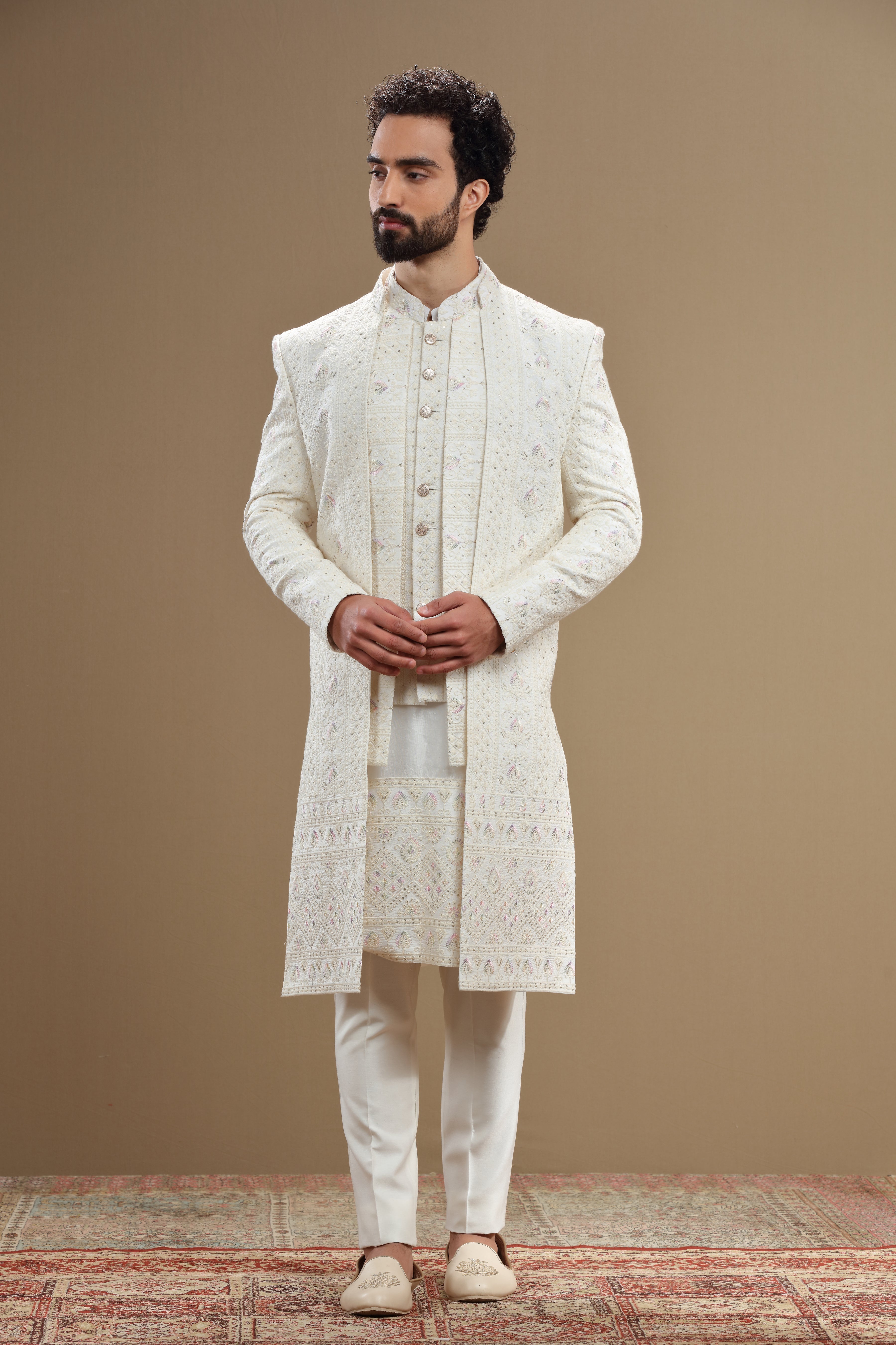 Ivory Colour Indowestern Jacket With Thread Work - Shreeman