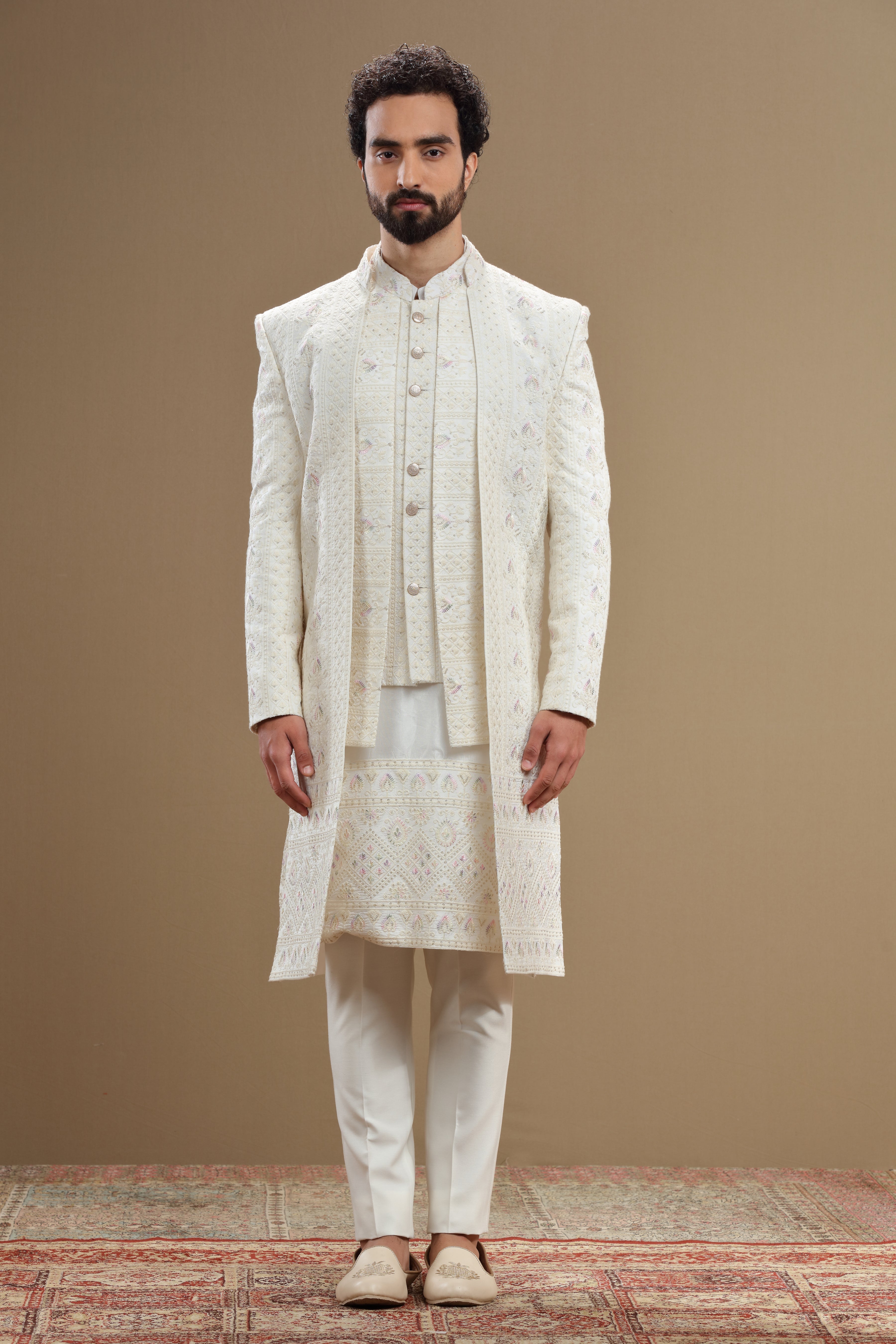 Ivory Colour Indowestern Jacket With Thread Work - Shreeman