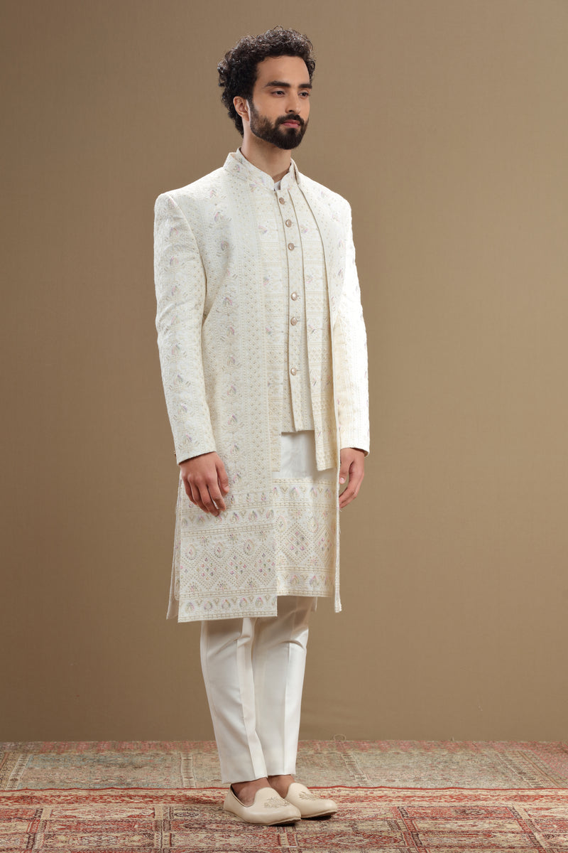 Ivory Colour Indowestern Jacket With Thread Work
