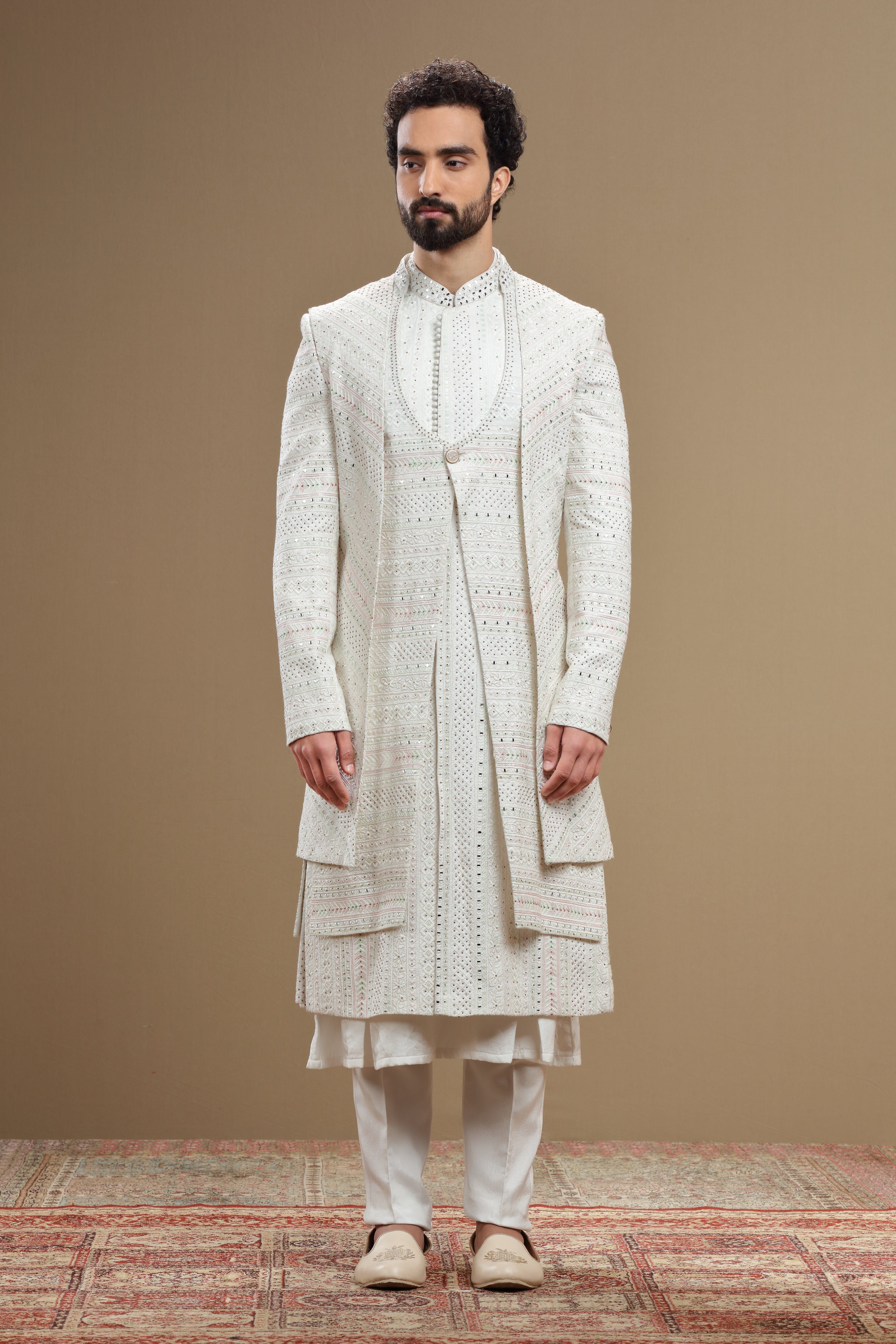 Ivory silk embroidered  sherwani set with anarkali - Shreeman