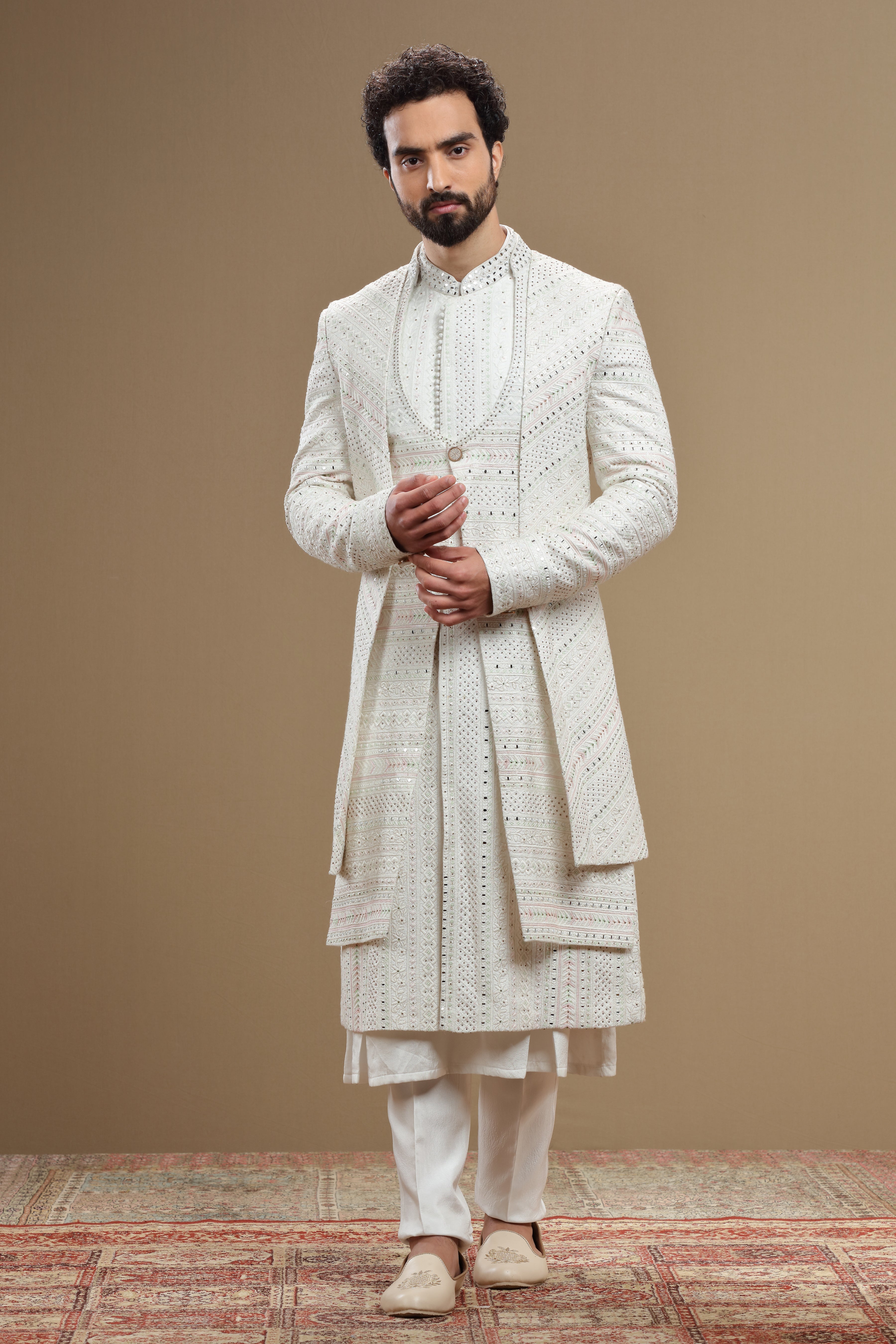 Ivory silk embroidered  sherwani set with anarkali - Shreeman