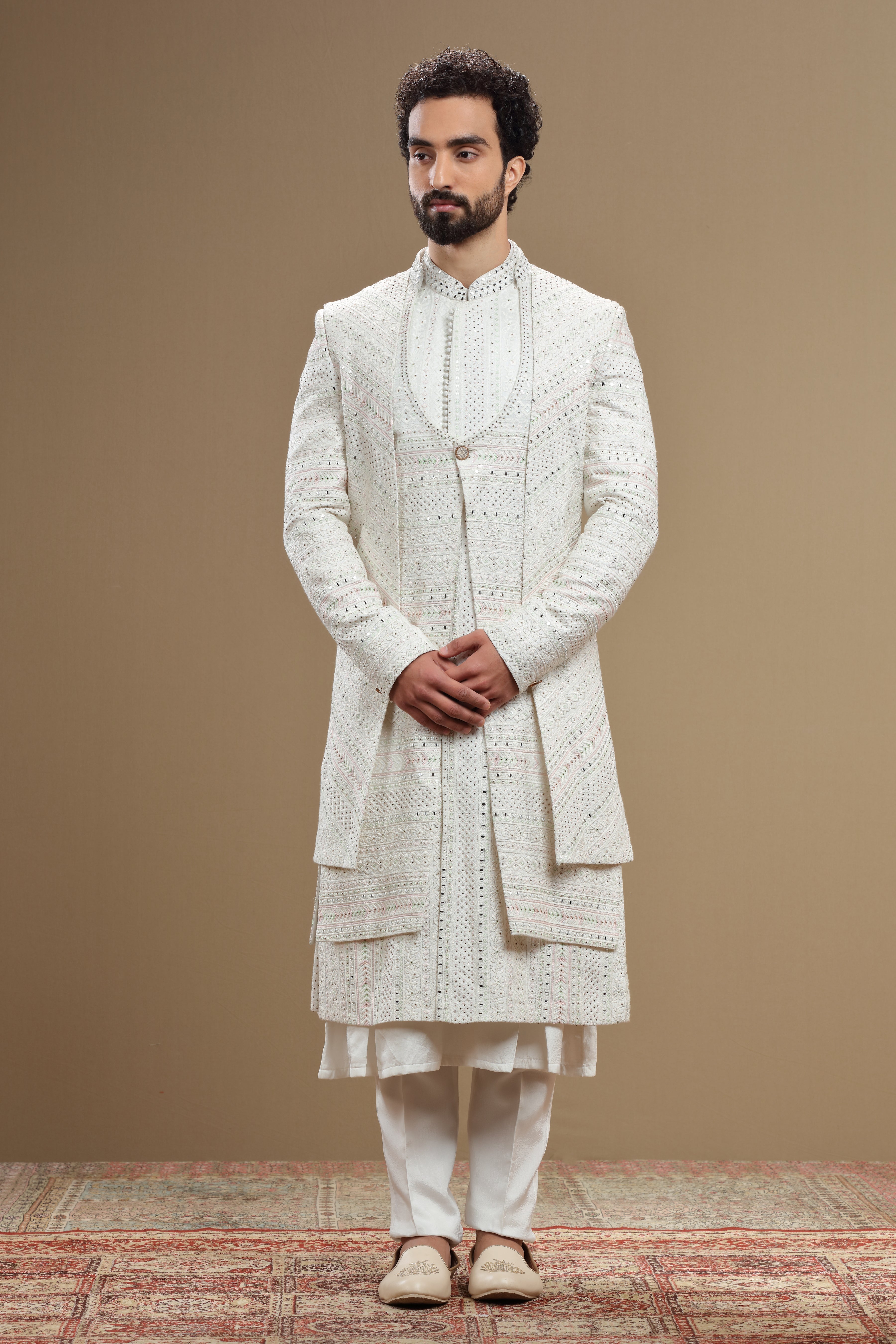 Ivory silk embroidered  sherwani set with anarkali - Shreeman