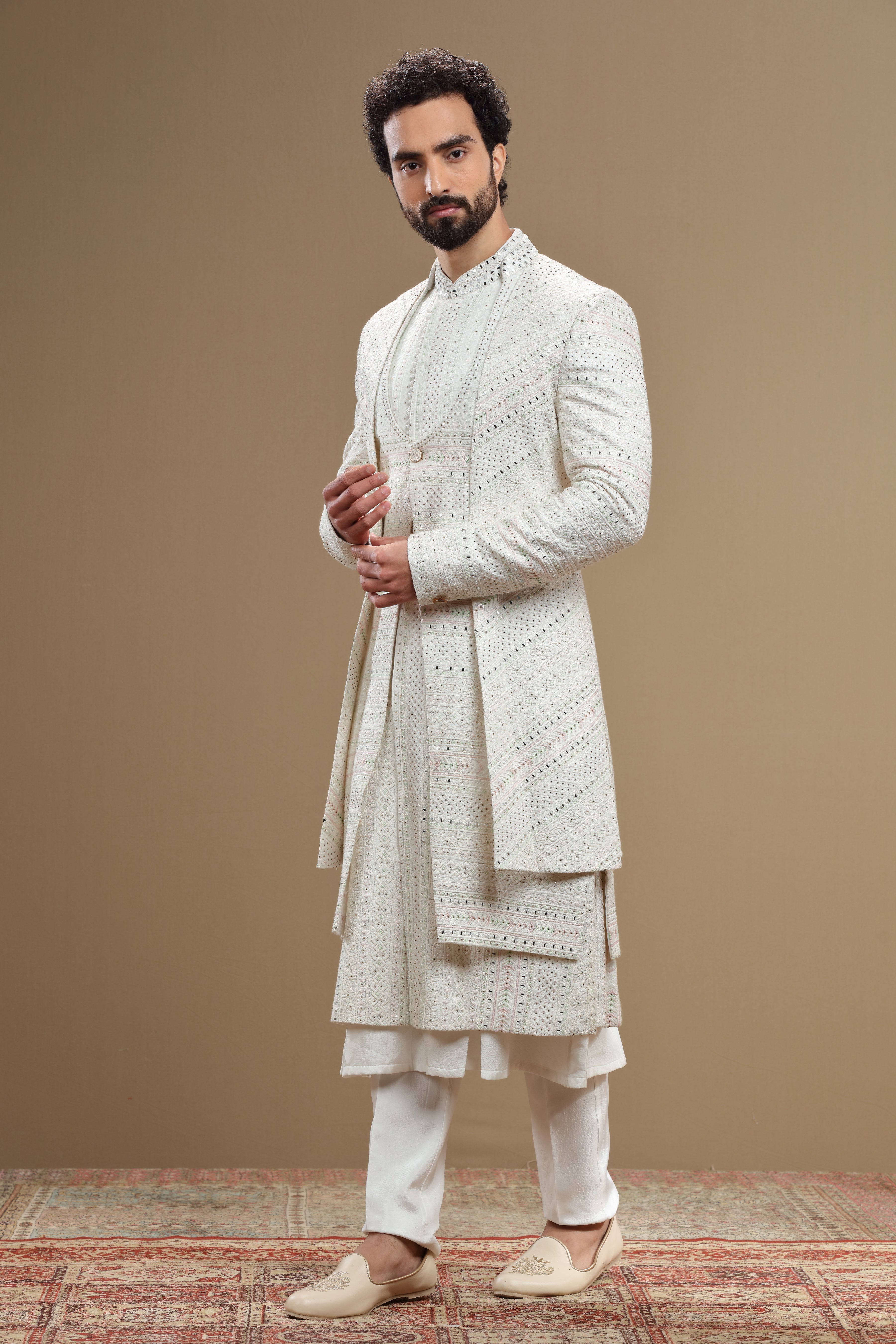 Ivory silk embroidered  sherwani set with anarkali - Shreeman