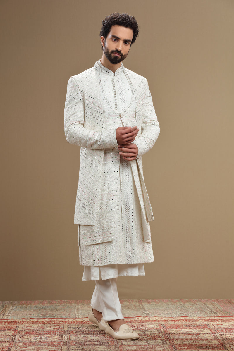 Ivory silk embroidered  sherwani set with anarkali