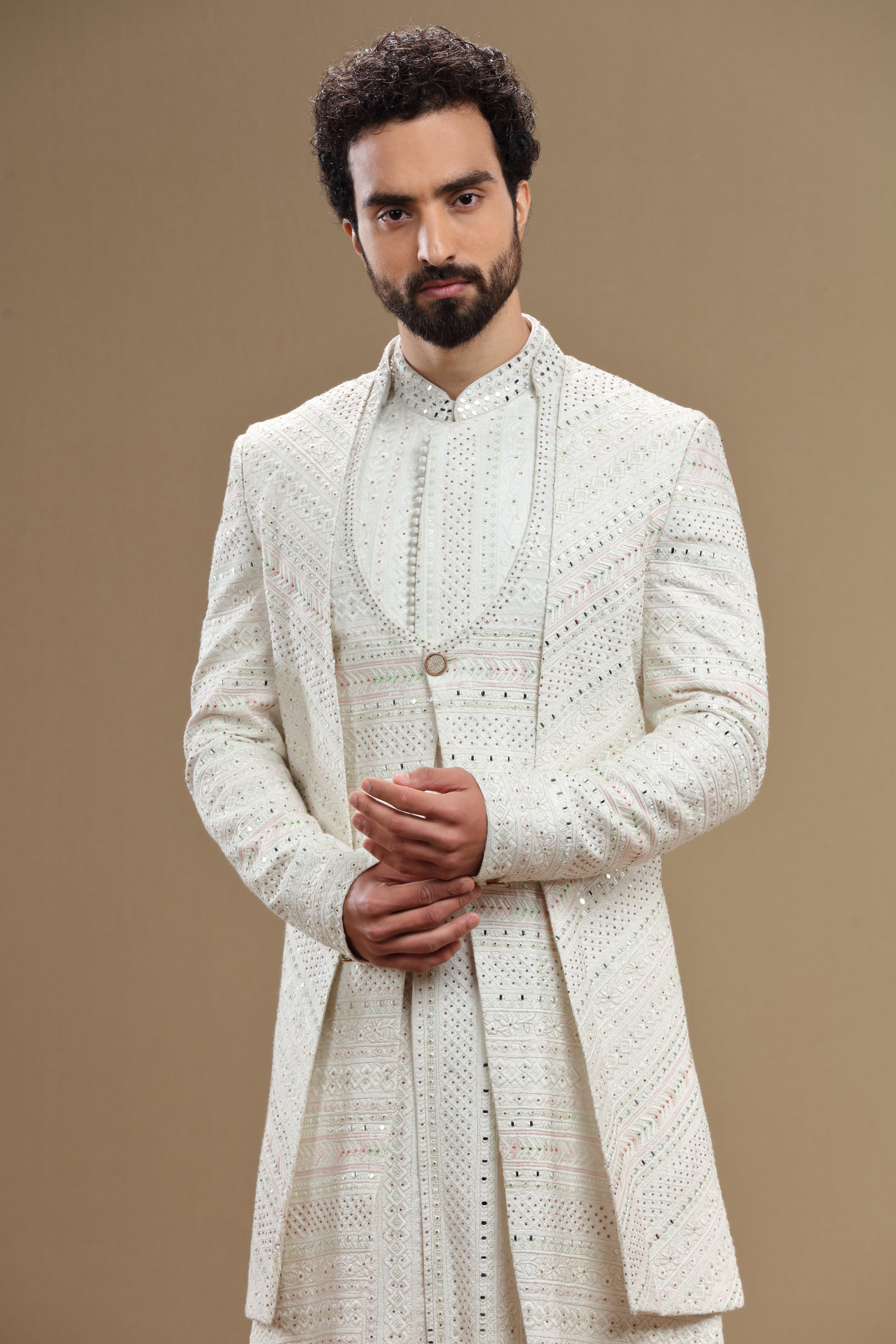 Ivory silk embroidered  sherwani set with anarkali - Shreeman