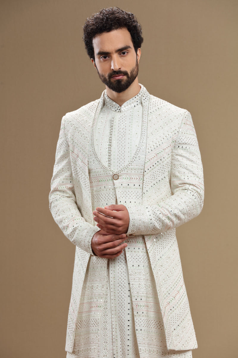 Ivory silk embroidered  sherwani set with anarkali