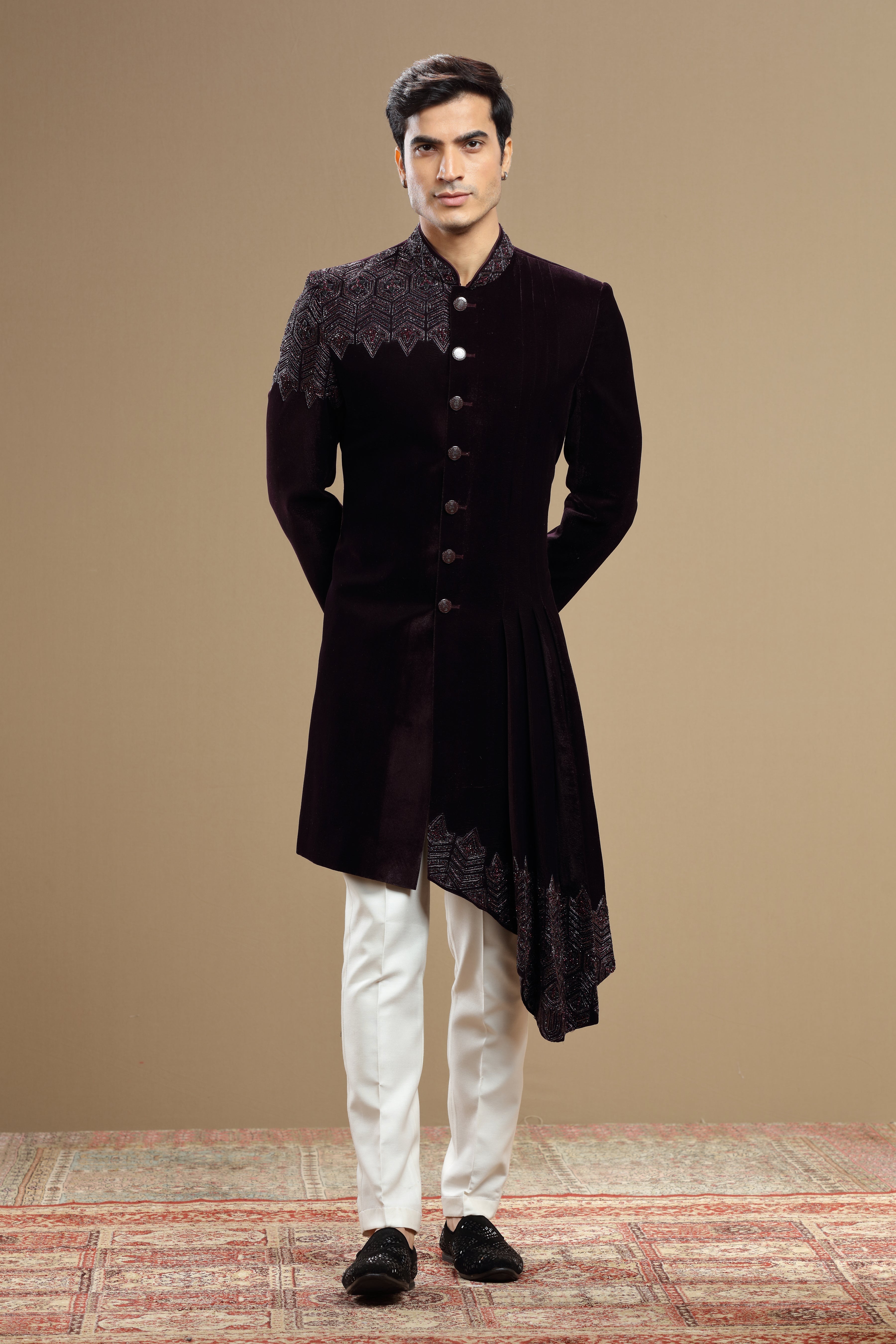 Wine Velvet IndoWestern With Cutdana Bead Embroidery - Shreeman