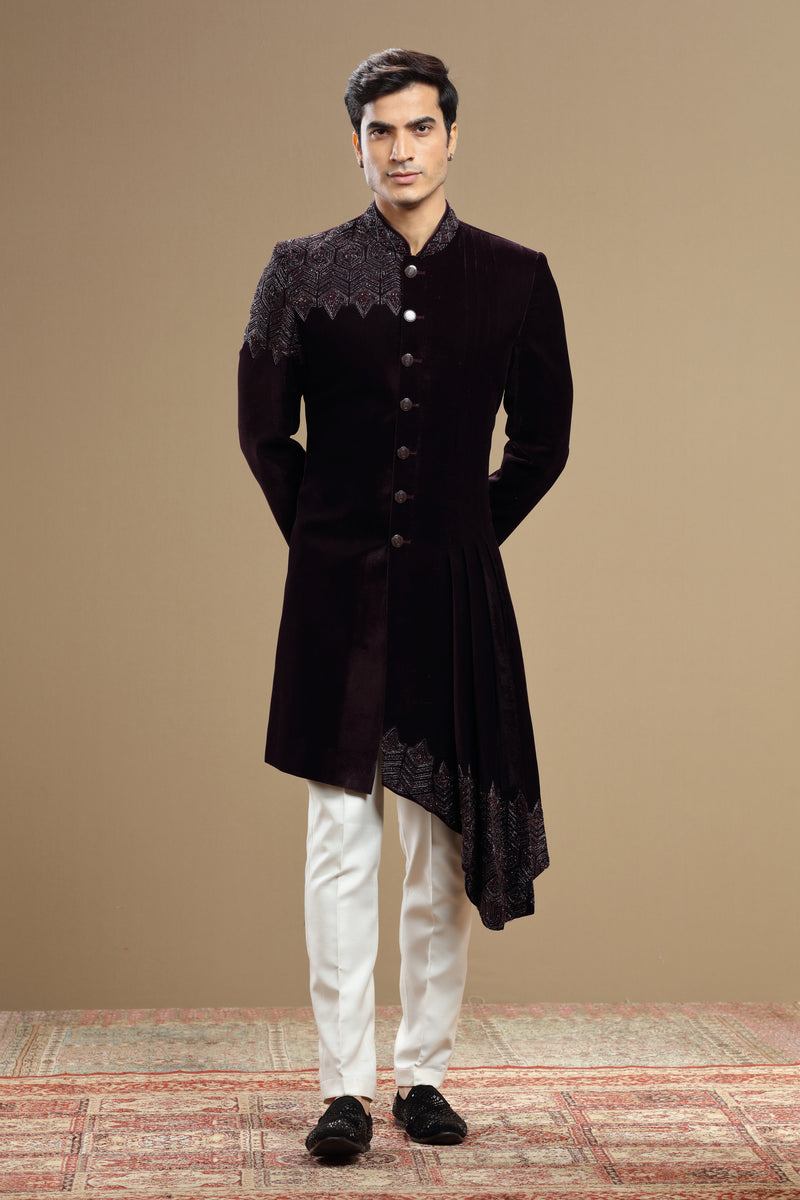 Wine Velvet IndoWestern With Cutdana Bead Embroidery
