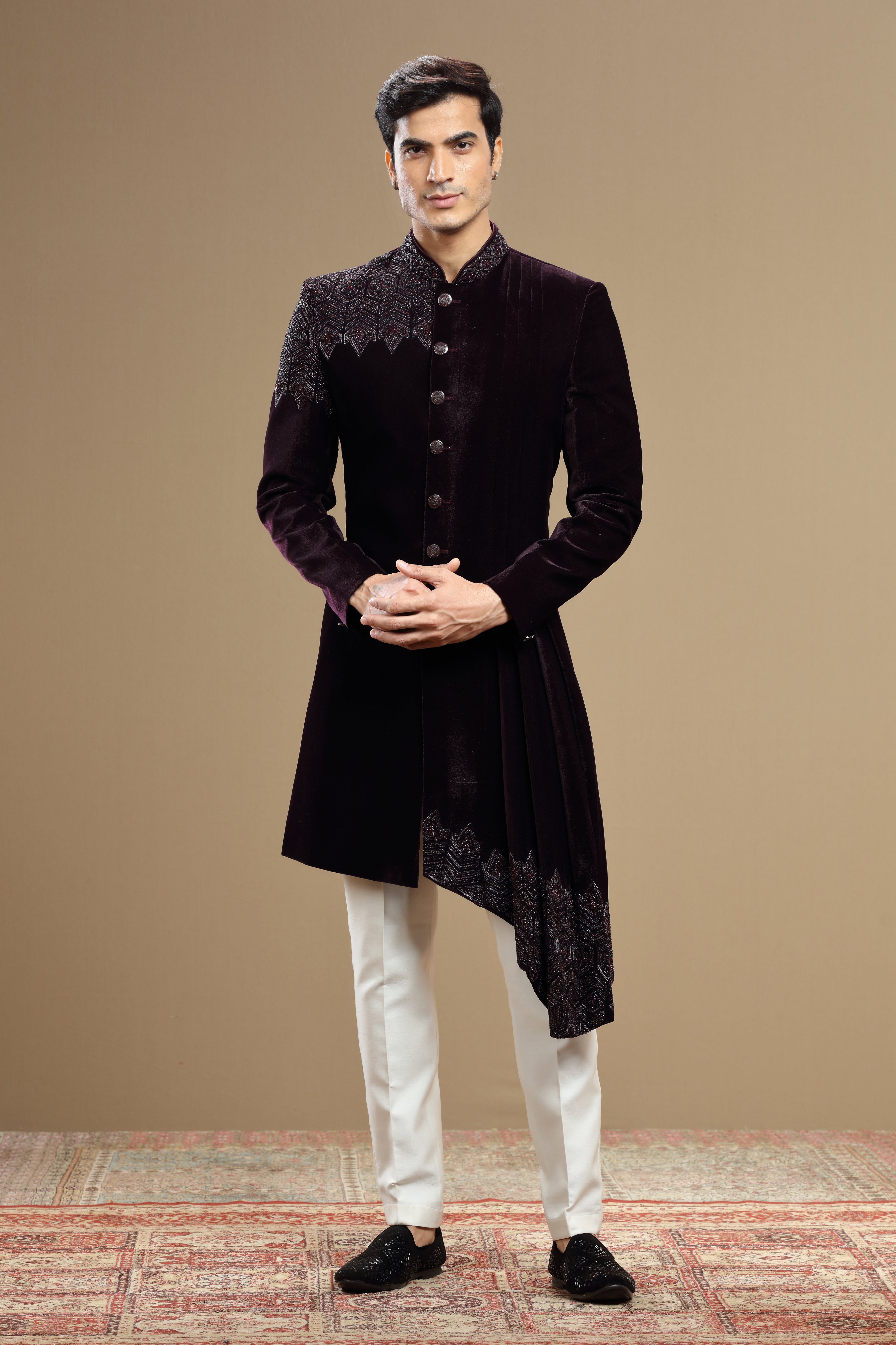 Wine Velvet IndoWestern With Cutdana Bead Embroidery - Shreeman