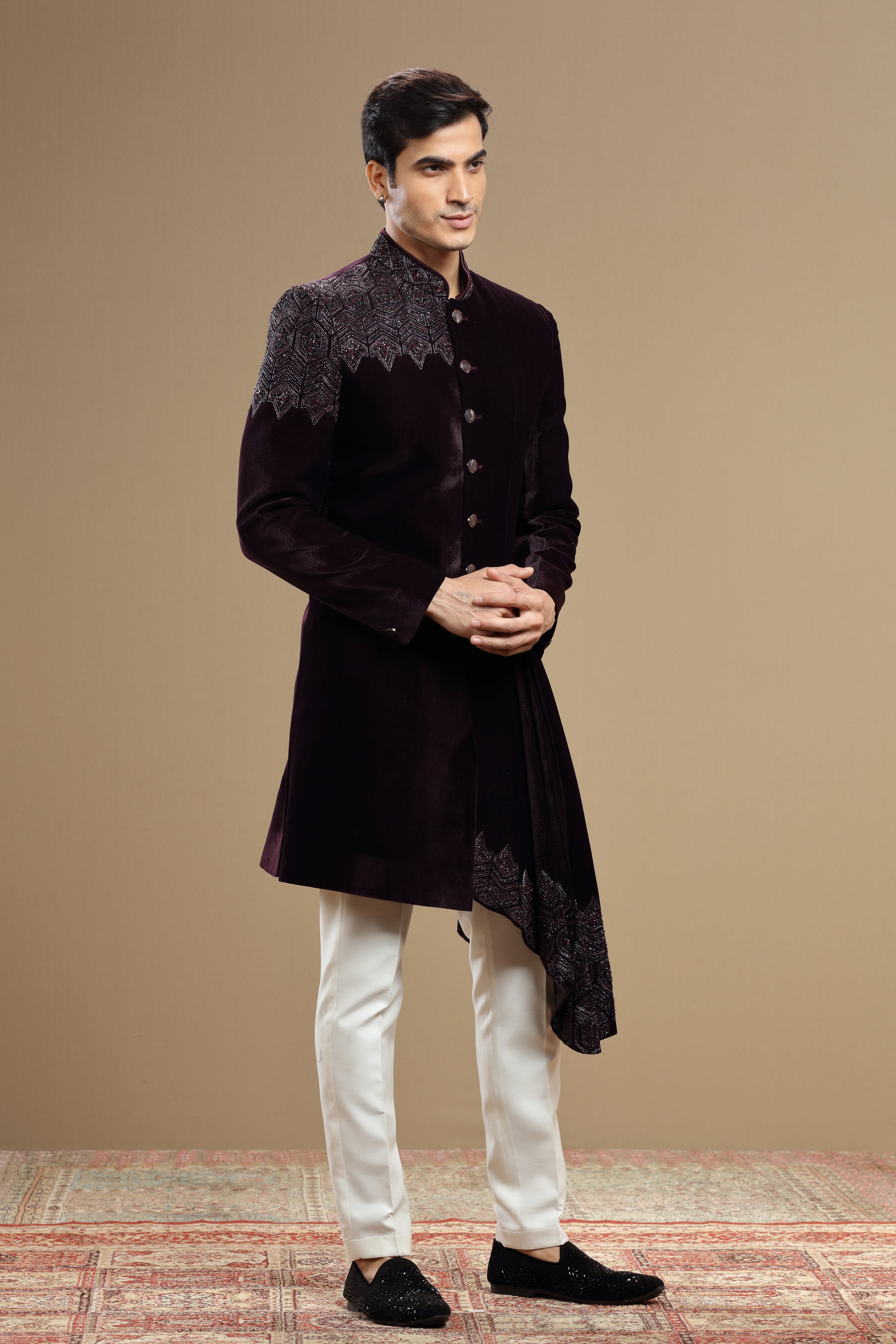 Wine Velvet IndoWestern With Cutdana Bead Embroidery - Shreeman