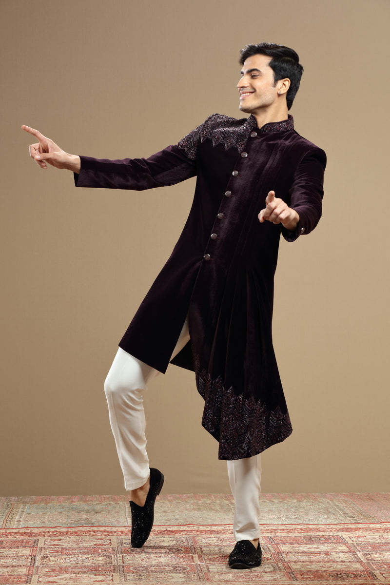 Wine Velvet IndoWestern With Cutdana Bead Embroidery