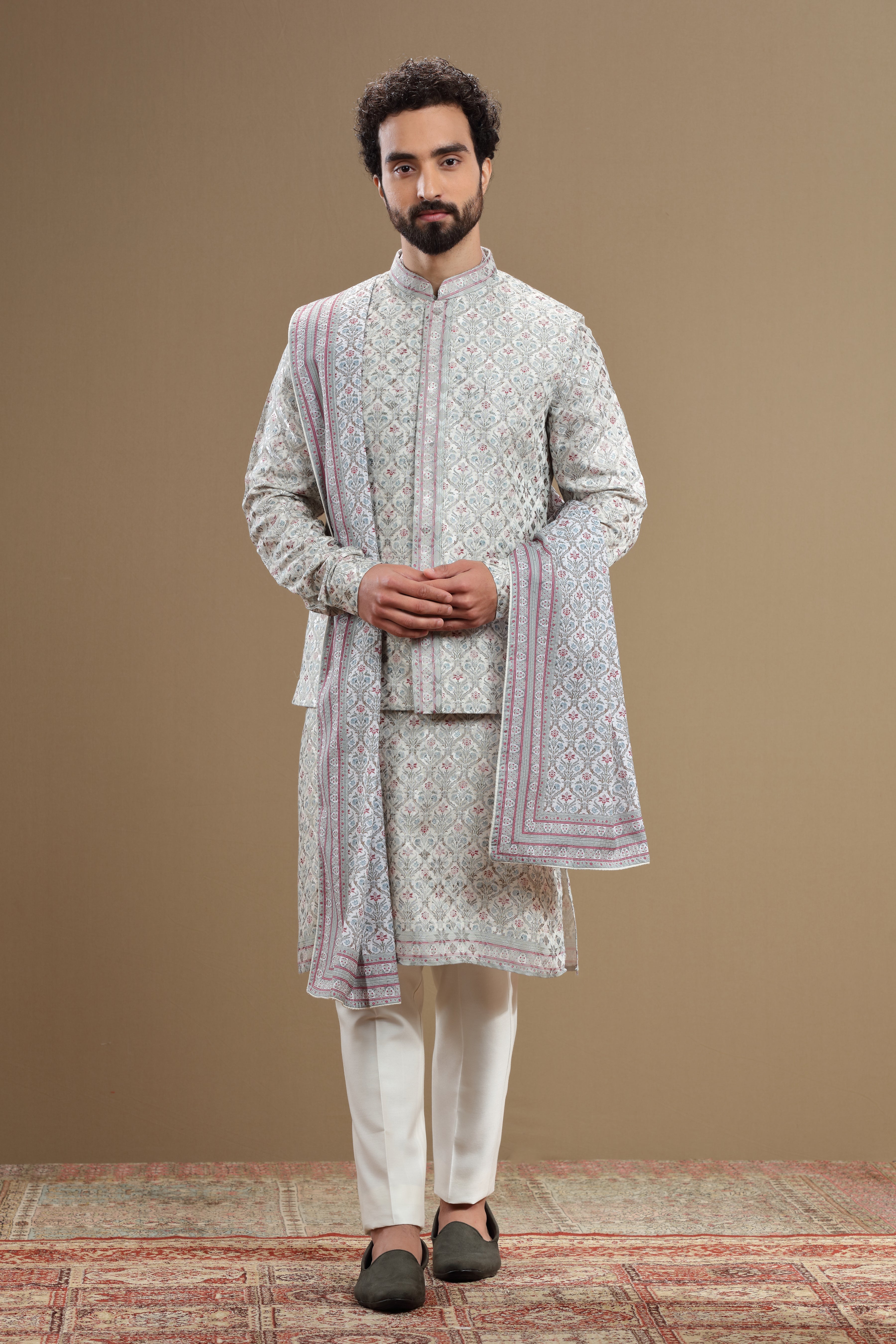 Beige jacket set with floral design and minimal embroidery - Shreeman