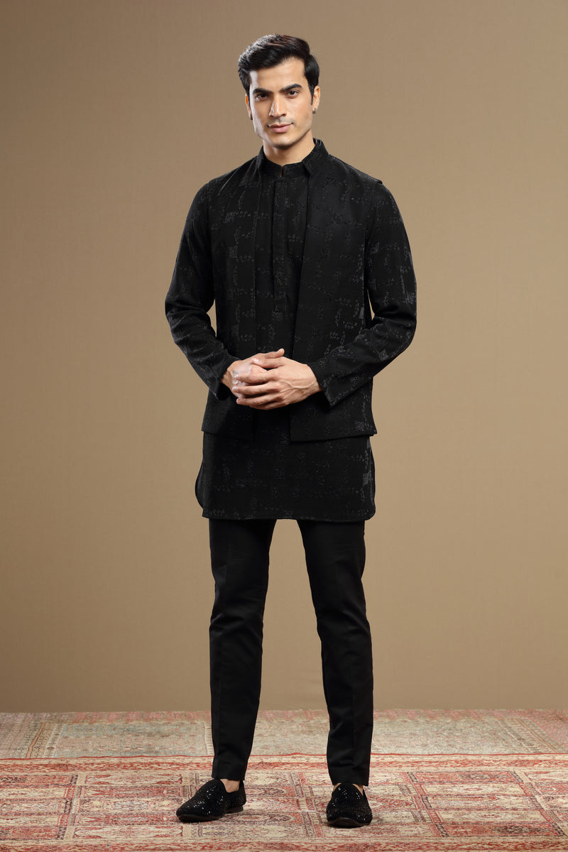 Black Silk Jacket Set Geometric Motif Zari Embroidery