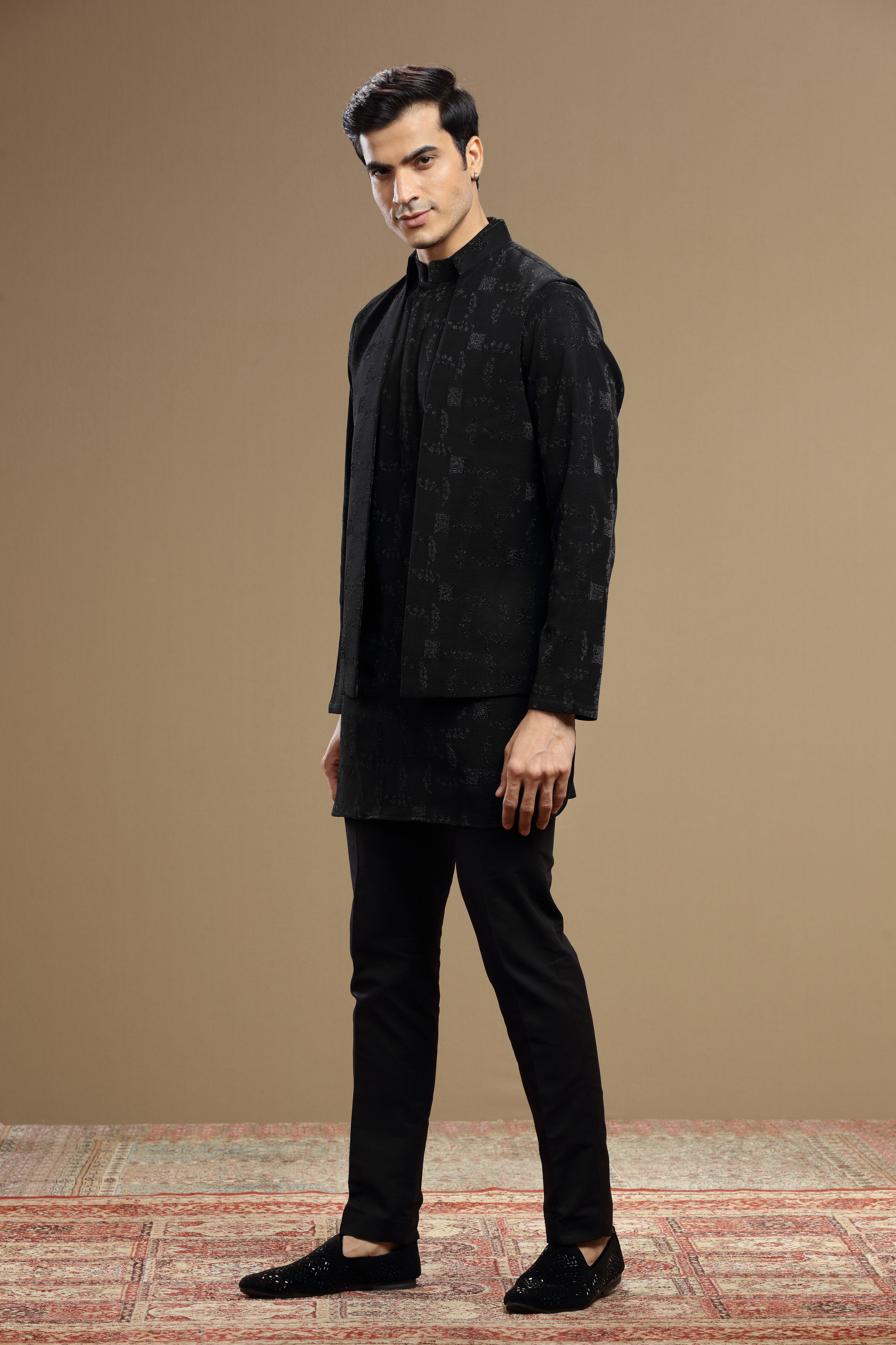 Black Silk Jacket Set Geometric Motif Zari Embroidery - Shreeman
