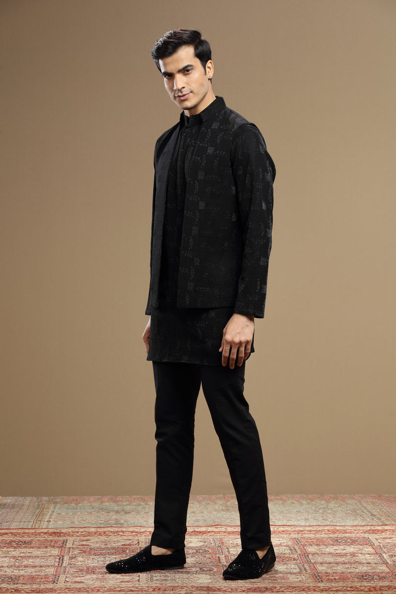 Black Silk Jacket Set Geometric Motif Zari Embroidery