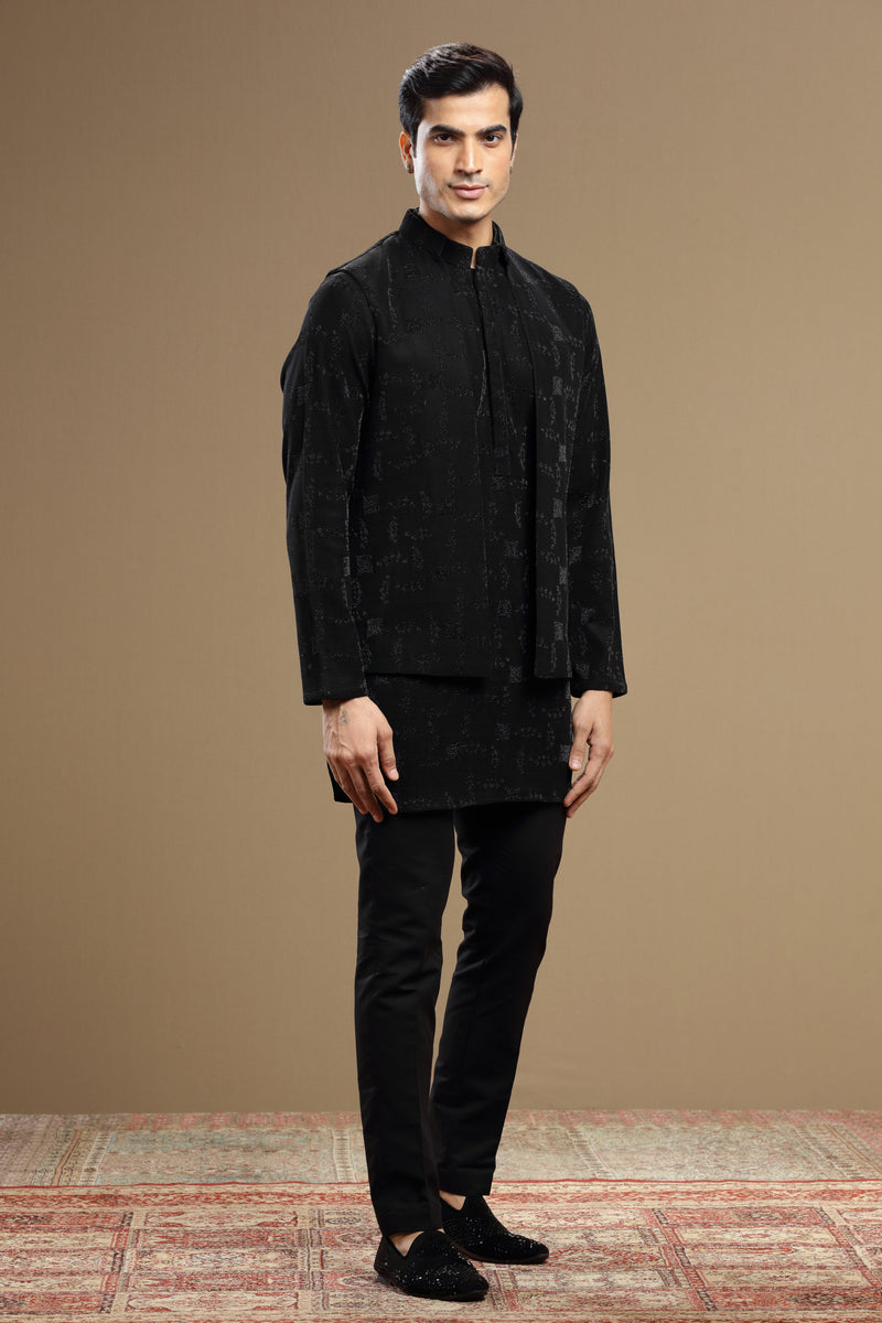 Black Silk Jacket Set Geometric Motif Zari Embroidery