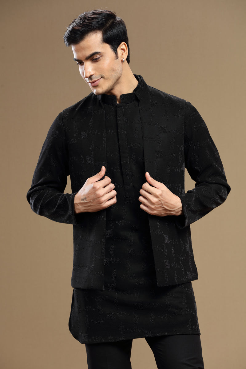 Black Silk Jacket Set Geometric Motif Zari Embroidery
