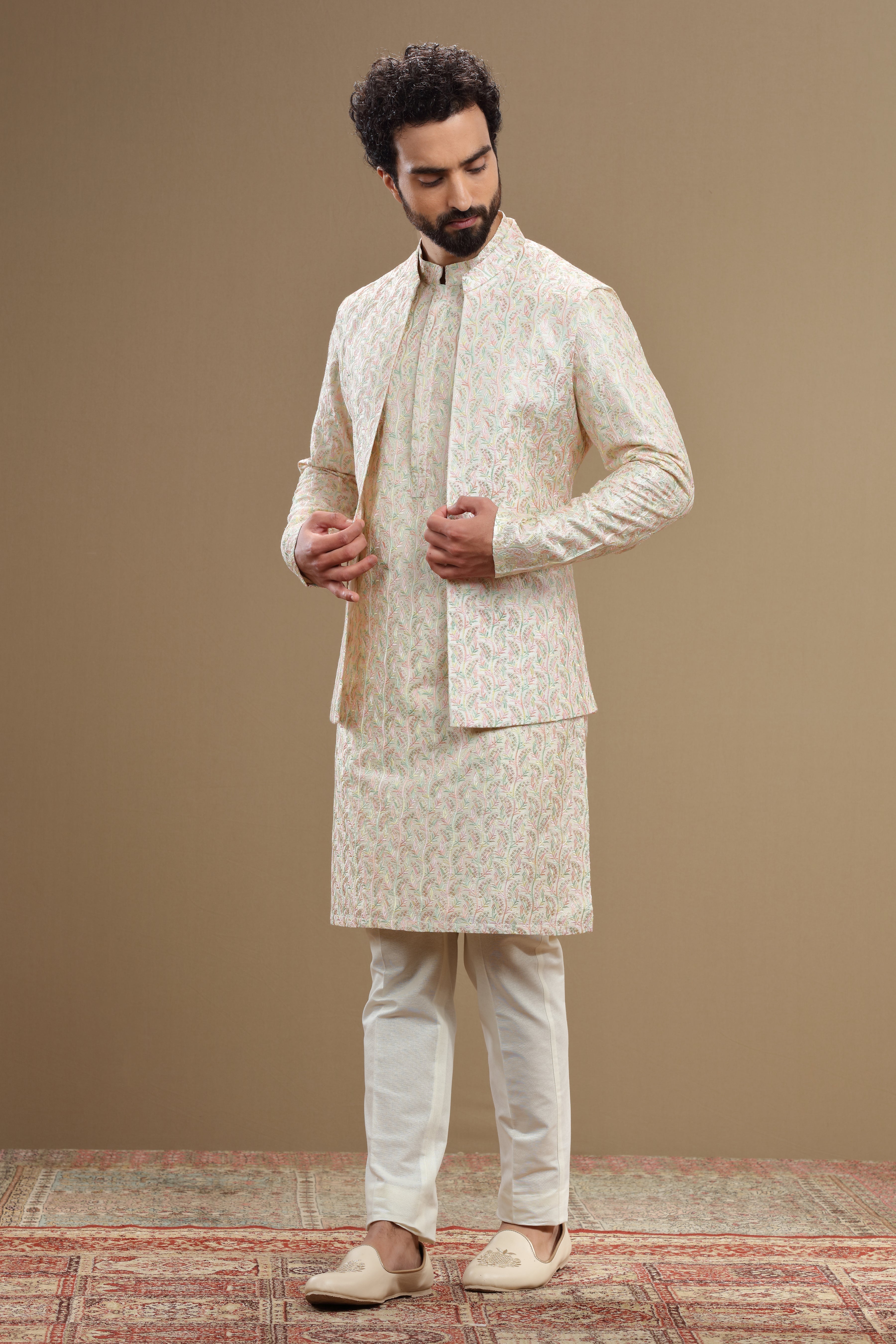 Ivory Floral Jacket Set Multicolor Resham Embroidery - Shreeman