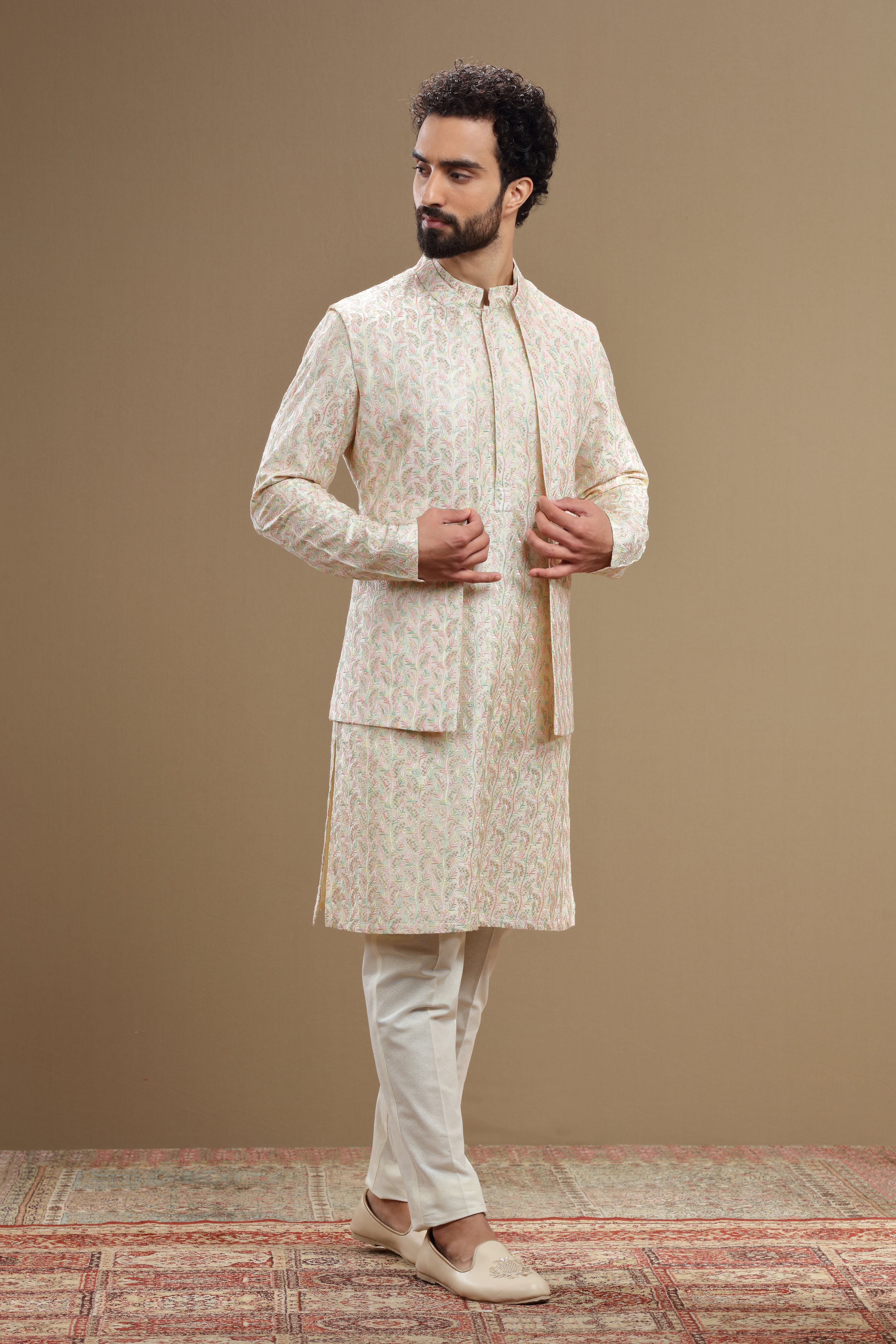 Ivory Floral Jacket Set Multicolor Resham Embroidery - Shreeman