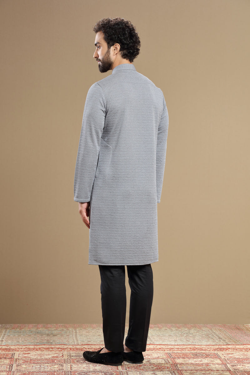 The Elite Grey Silk Textured Kurta For Men