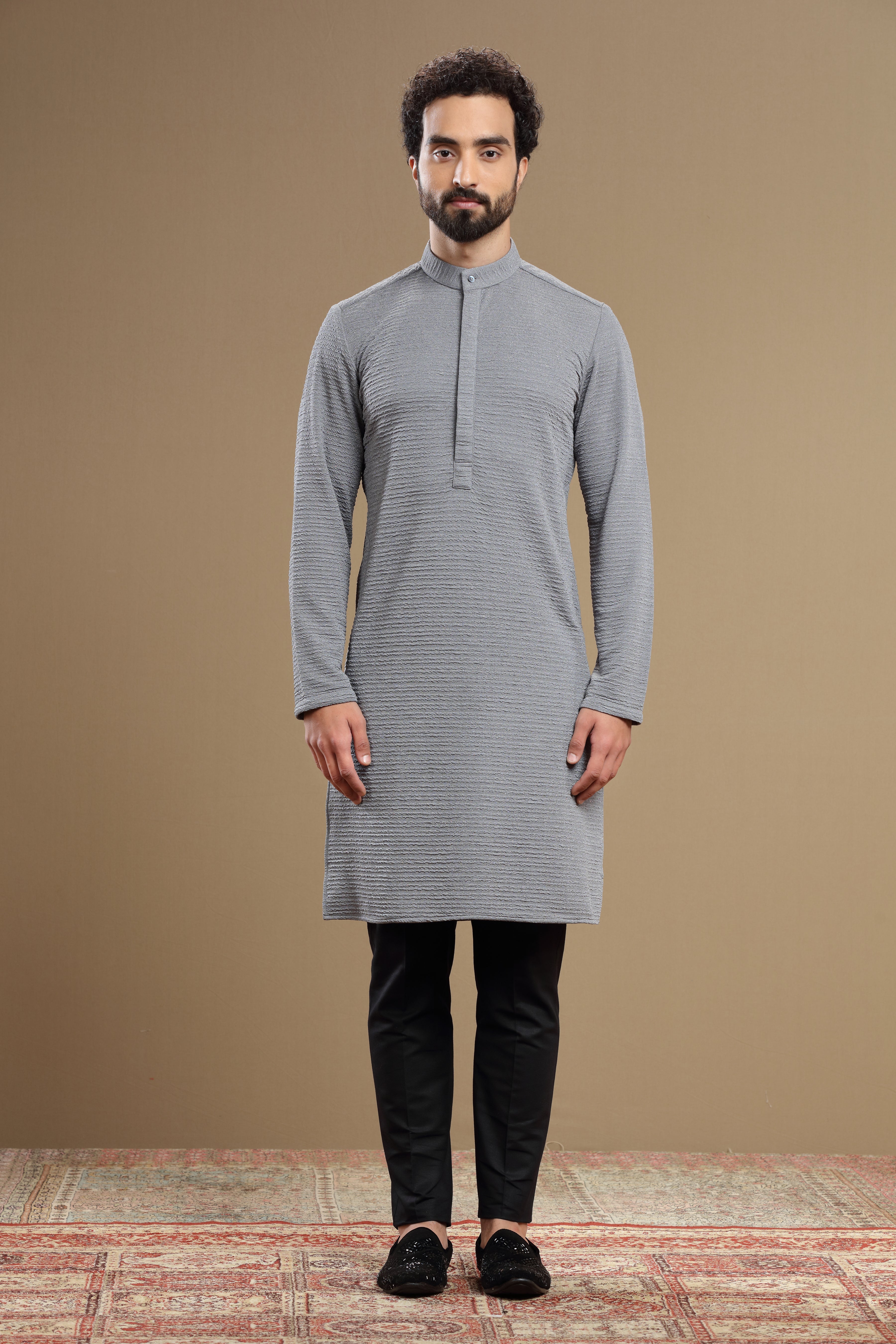 The Elite Grey Silk Textured Kurta For Men - Shreeman