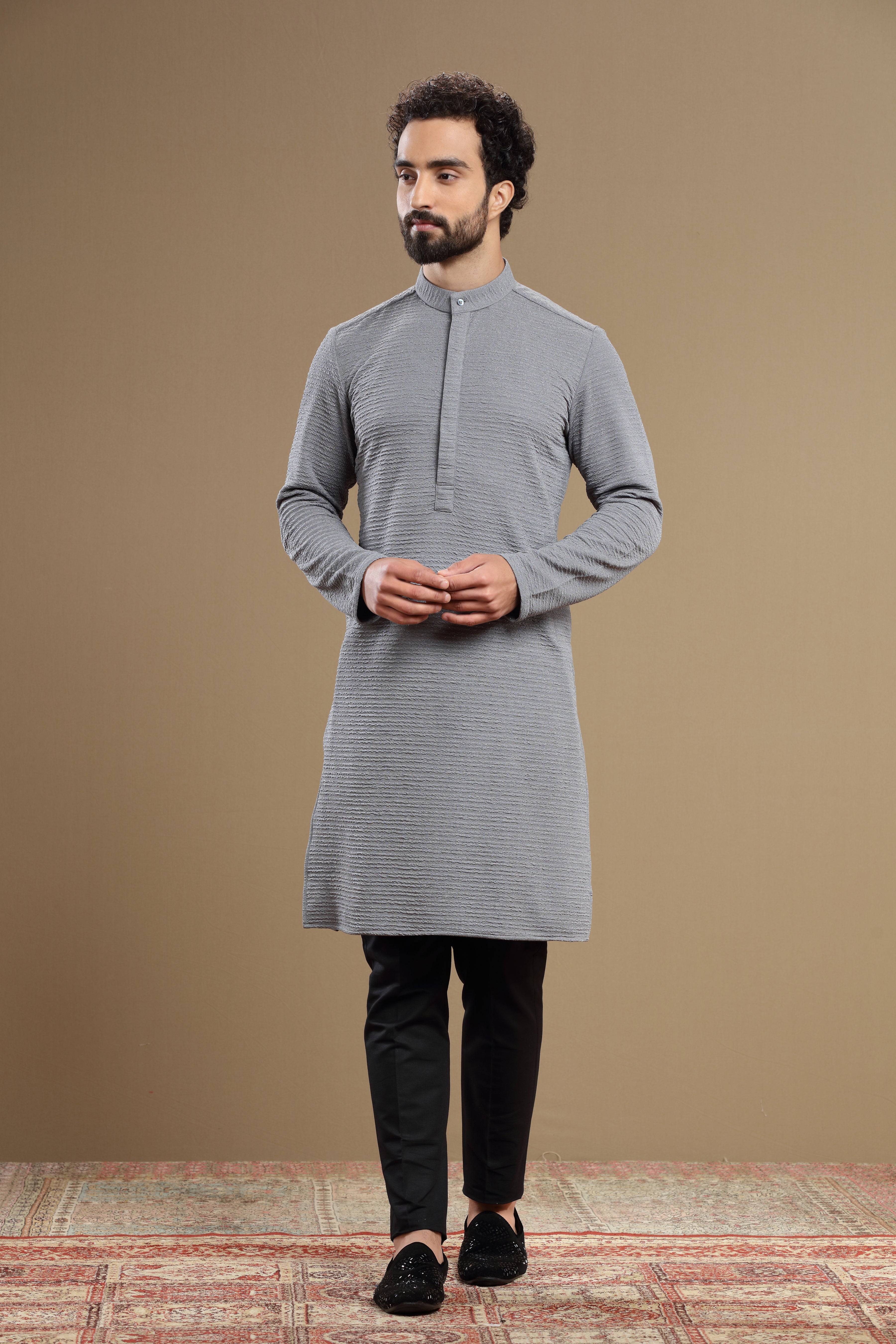 The Elite Grey Silk Textured Kurta For Men - Shreeman