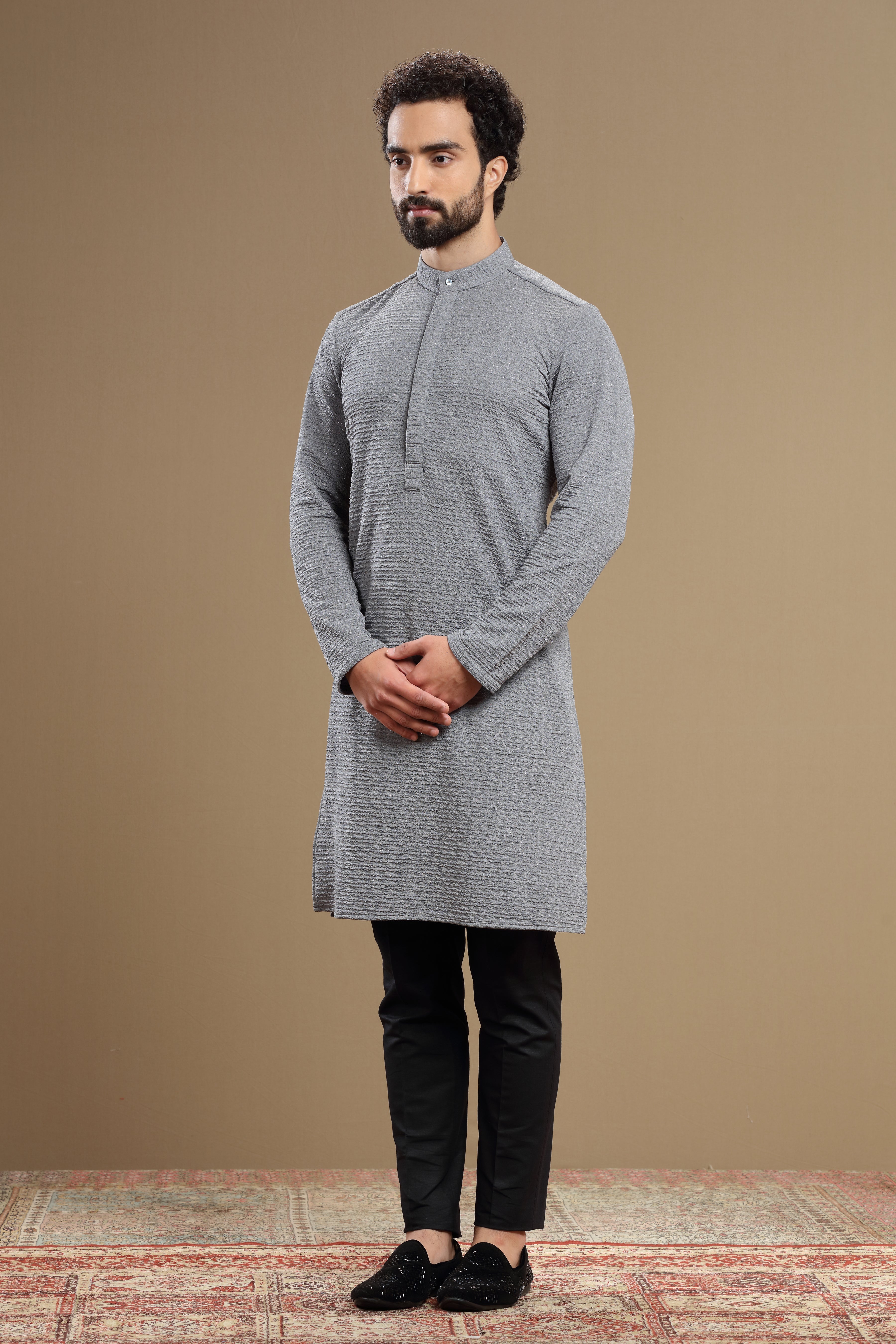 The Elite Grey Silk Textured Kurta For Men - Shreeman