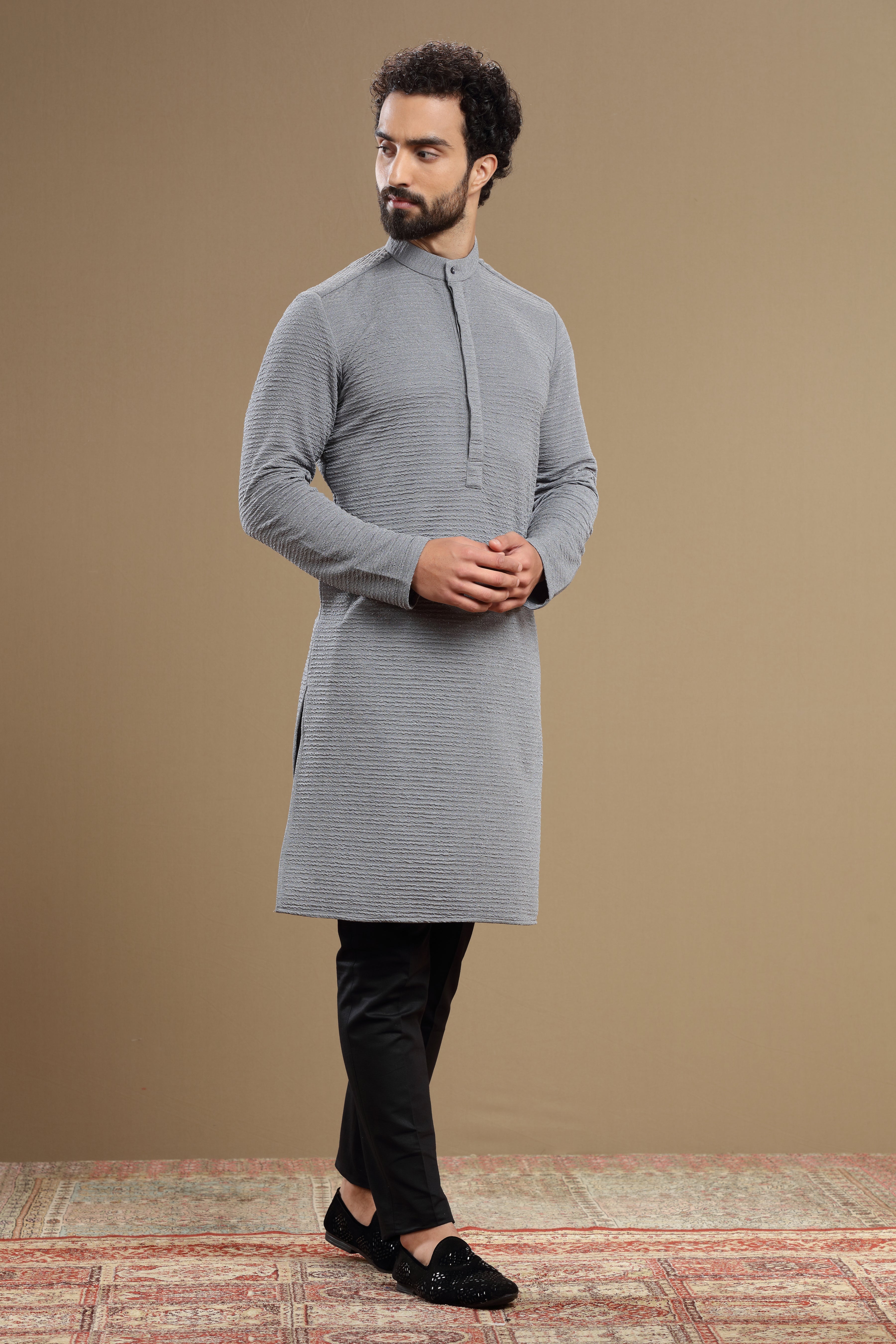 The Elite Grey Silk Textured Kurta For Men - Shreeman