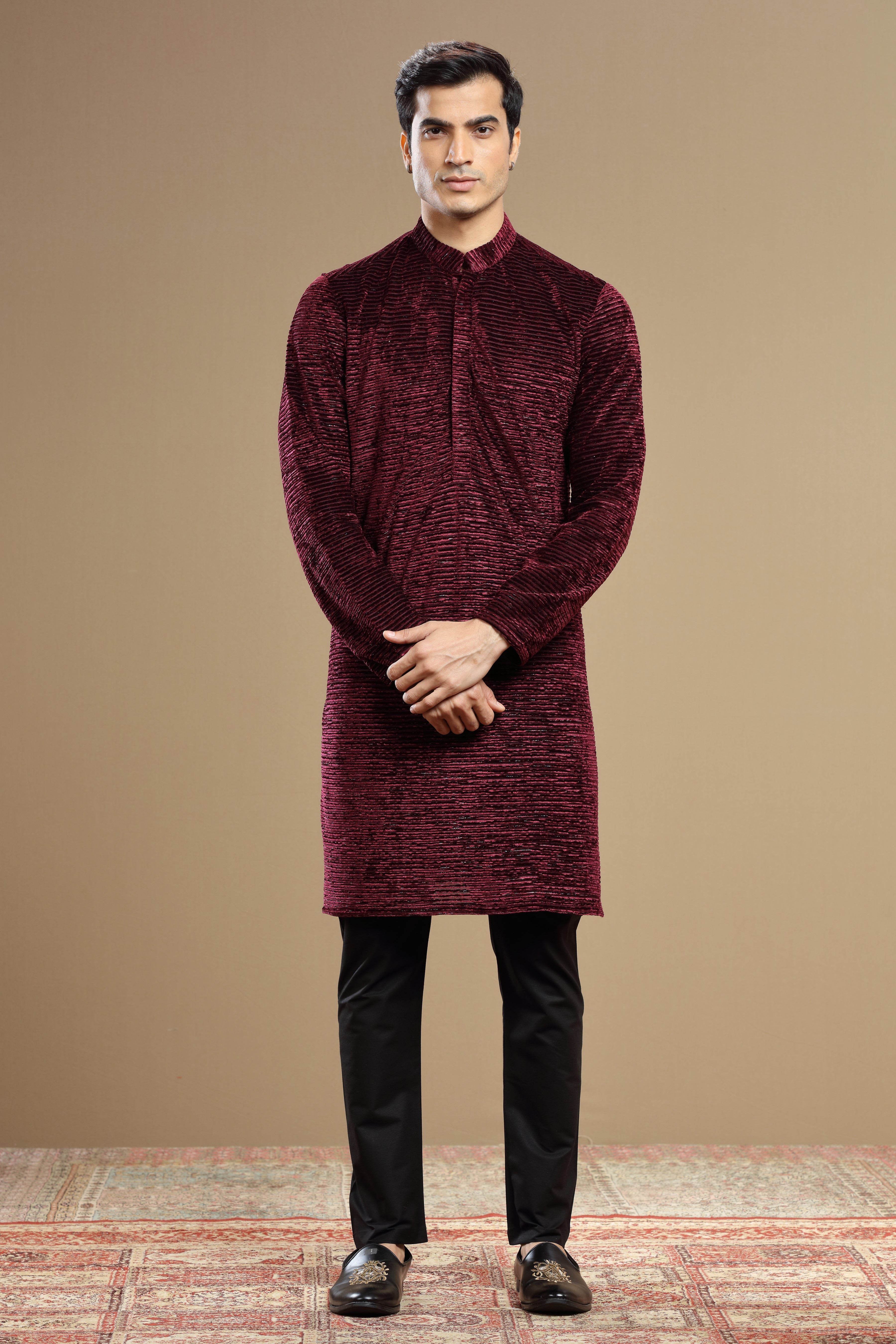 Hand Embroidered Maroon Velvet Kurta With Cutdana Work - Shreeman