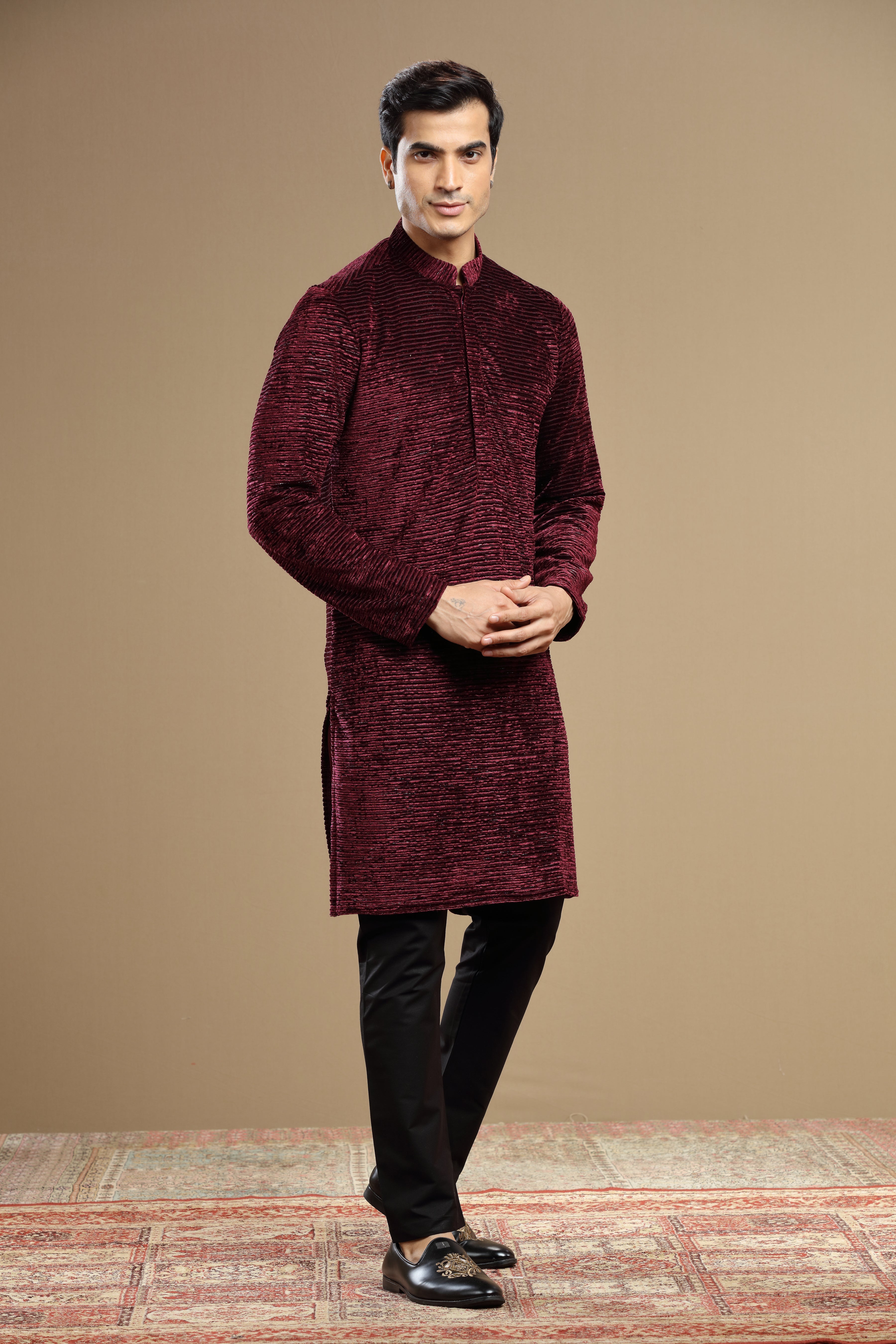 Hand Embroidered Maroon Velvet Kurta With Cutdana Work - Shreeman