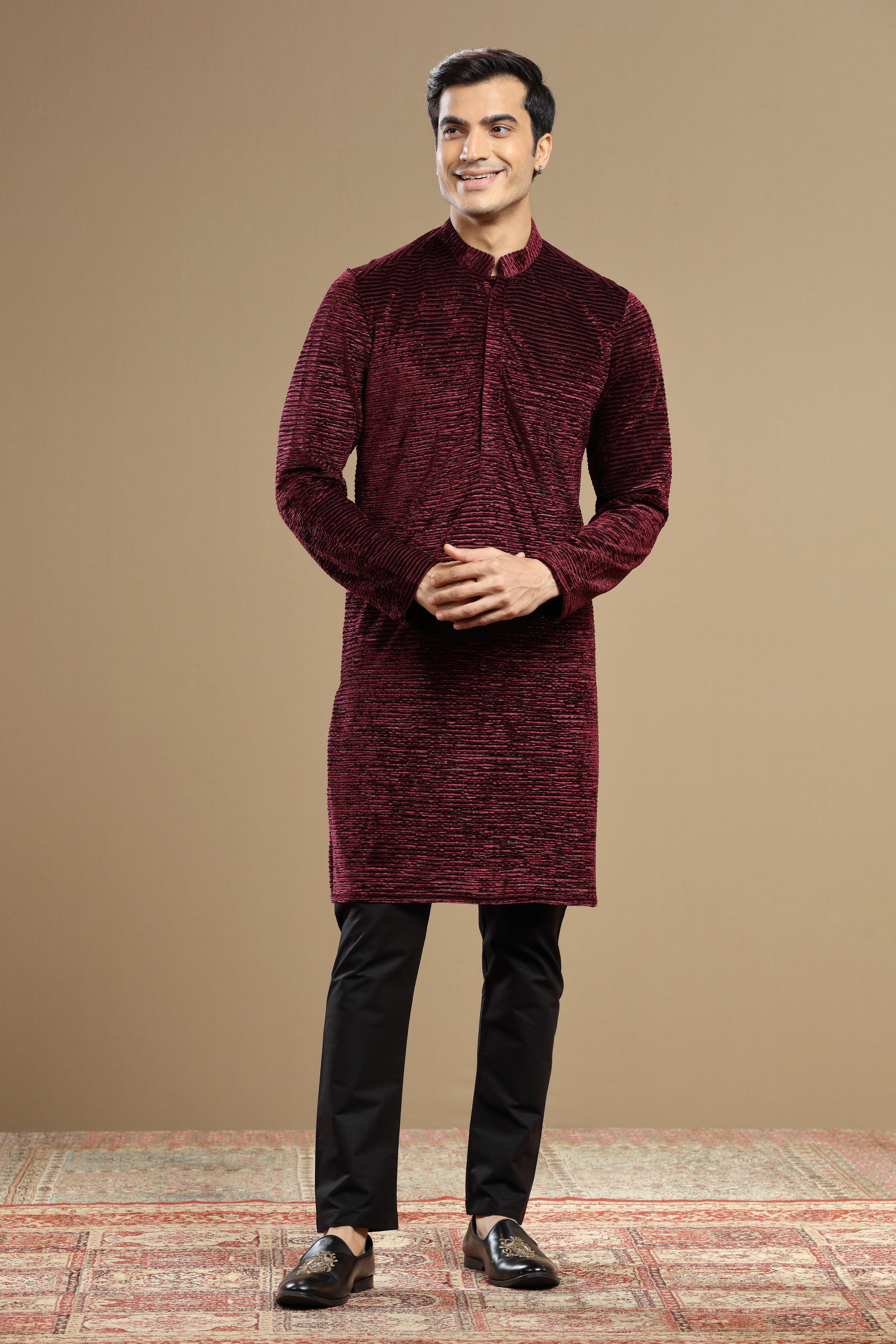 Hand Embroidered Maroon Velvet Kurta With Cutdana Work - Shreeman