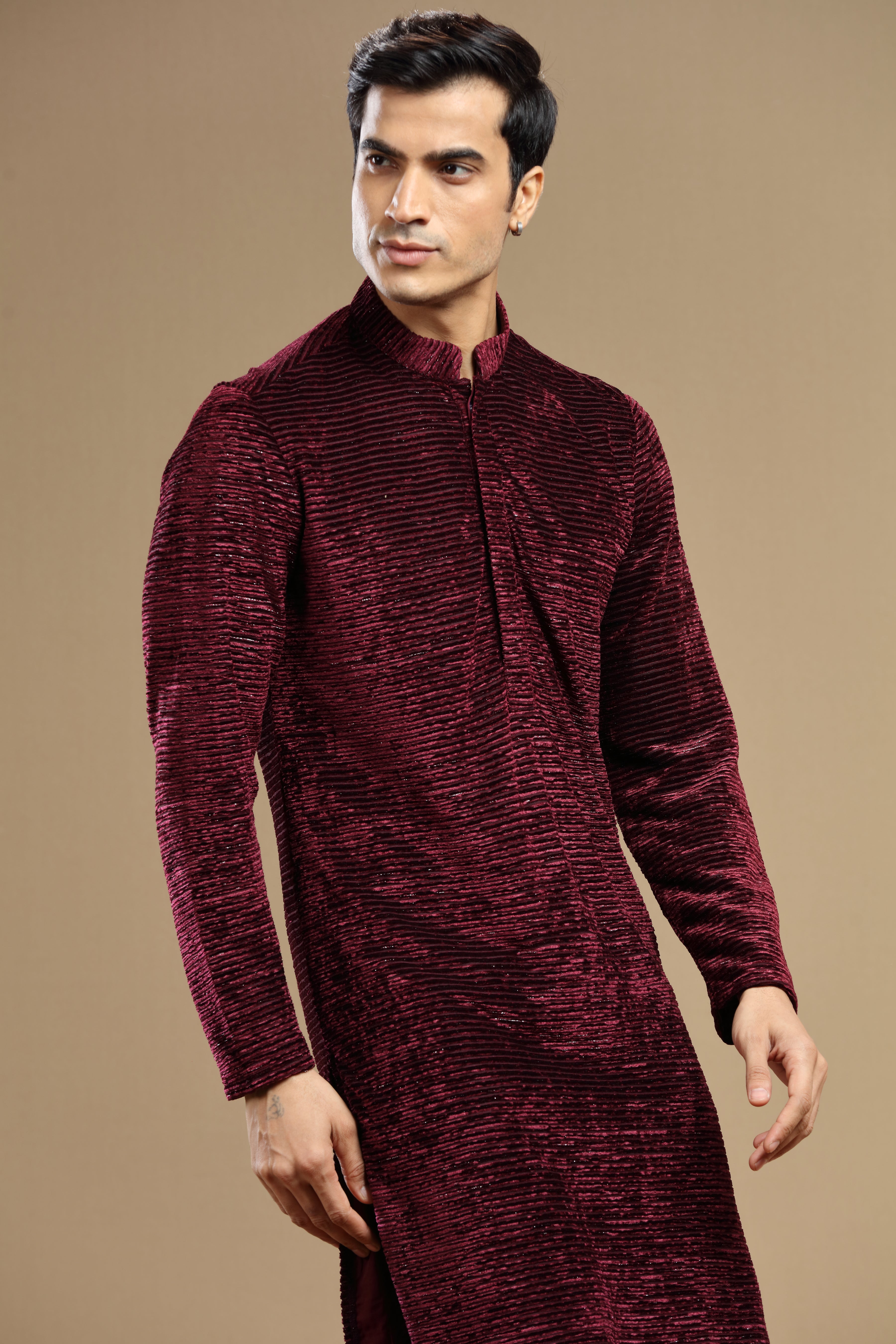 Hand Embroidered Maroon Velvet Kurta With Cutdana Work - Shreeman