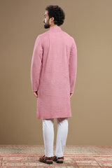 The Designer Pink Silk Textured Kurta For Men