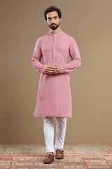 The Designer Pink Silk Textured Kurta For Men