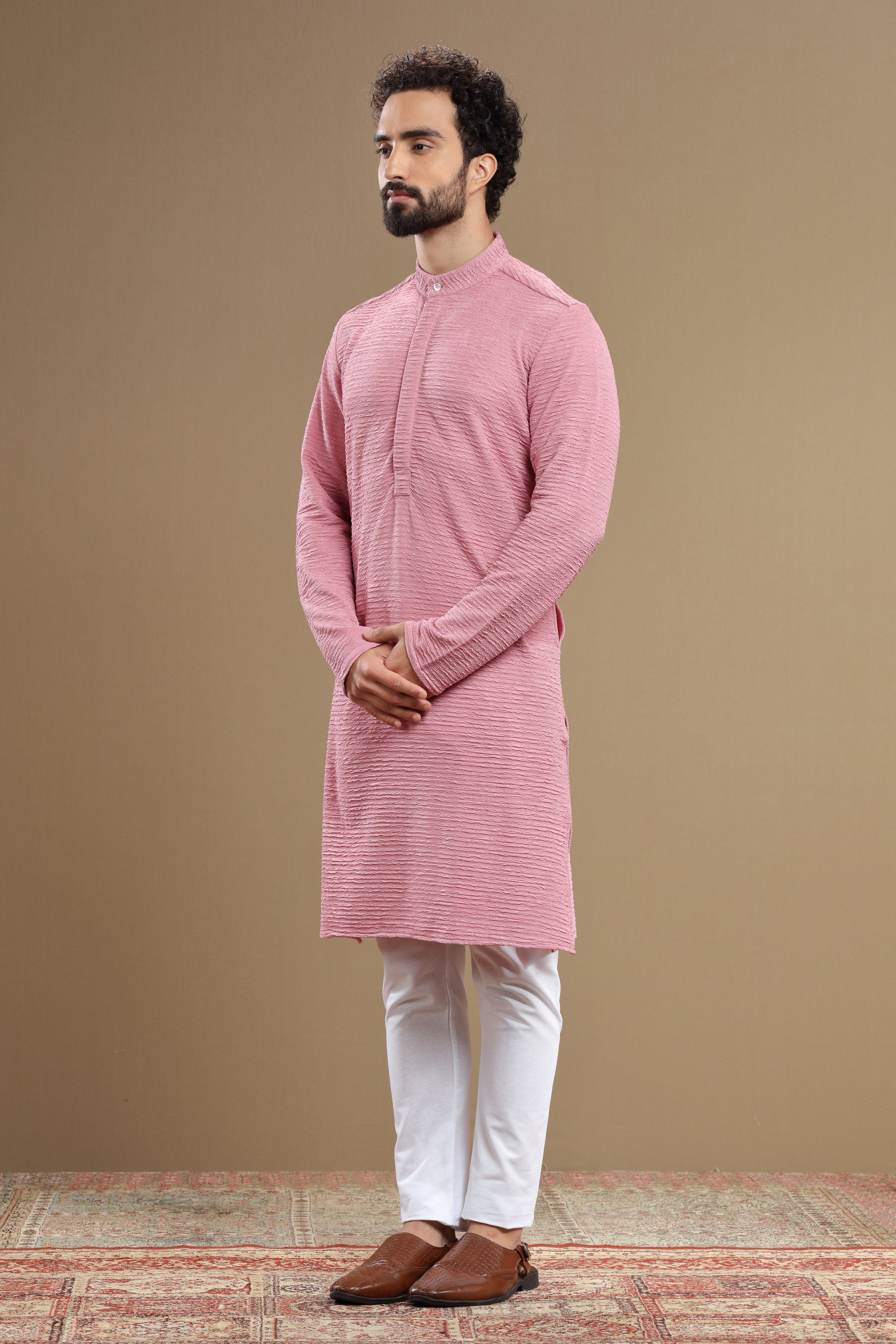 The Designer Pink Silk Textured Kurta For Men - Shreeman