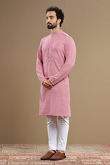 The Designer Pink Silk Textured Kurta For Men