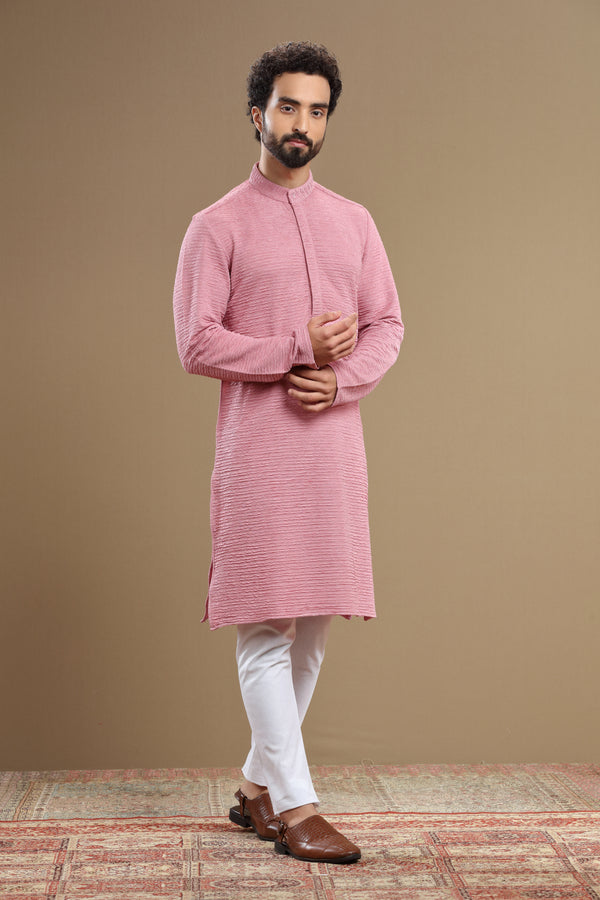 The Designer Pink Silk Textured Kurta For Men